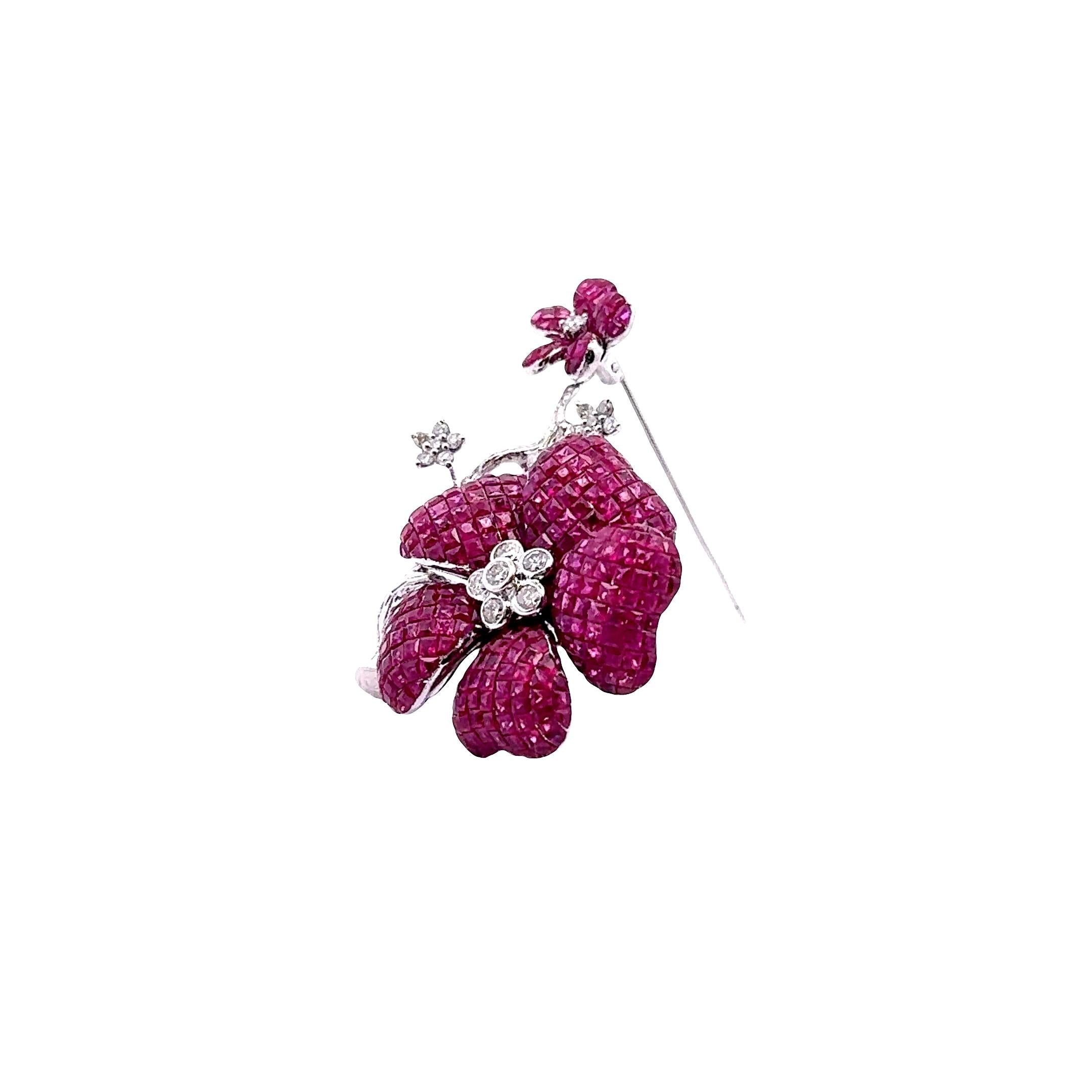 Invisible-Set Ruby Diamond 18K White Gold Bloom Flower Brooch