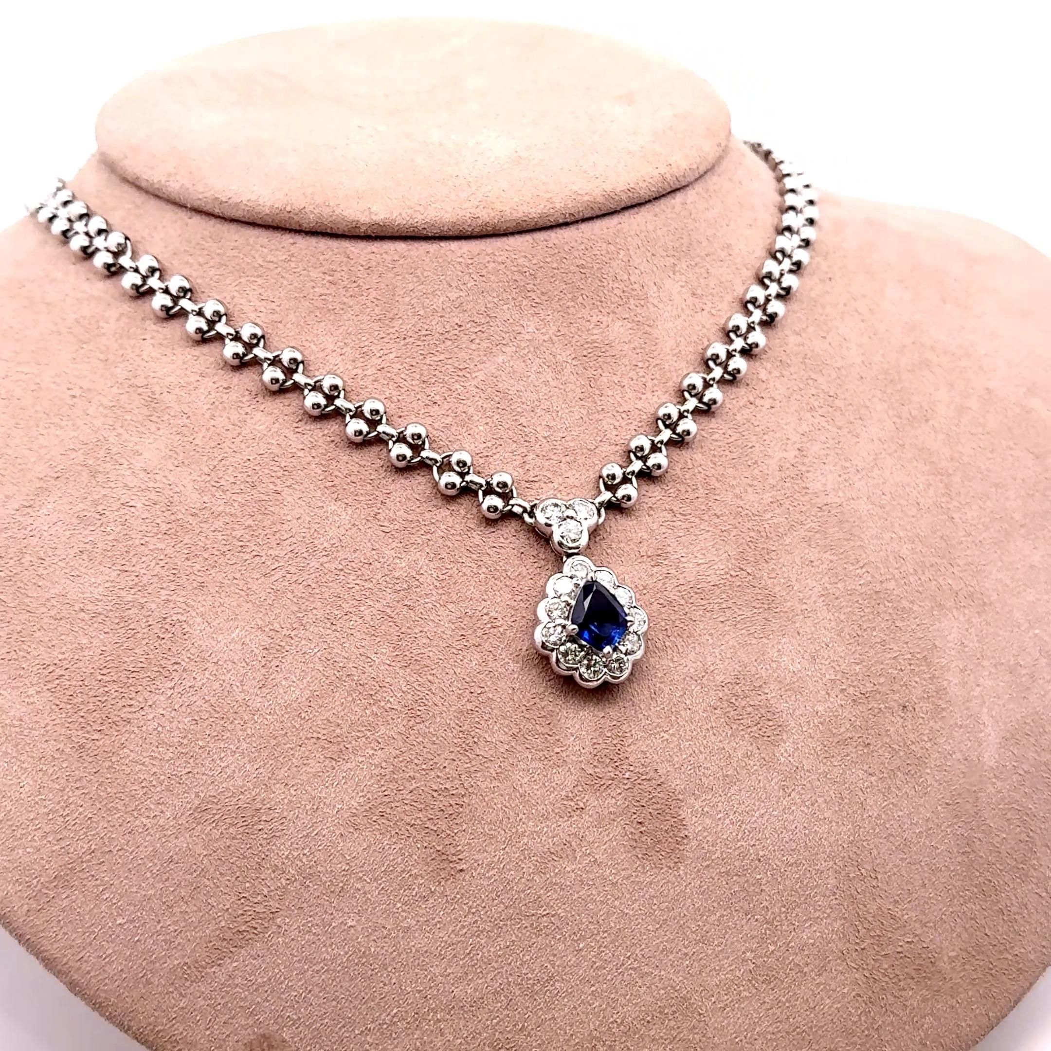 1.95 Carat Blue Sapphire Diamond Platinum Halo Necklace
