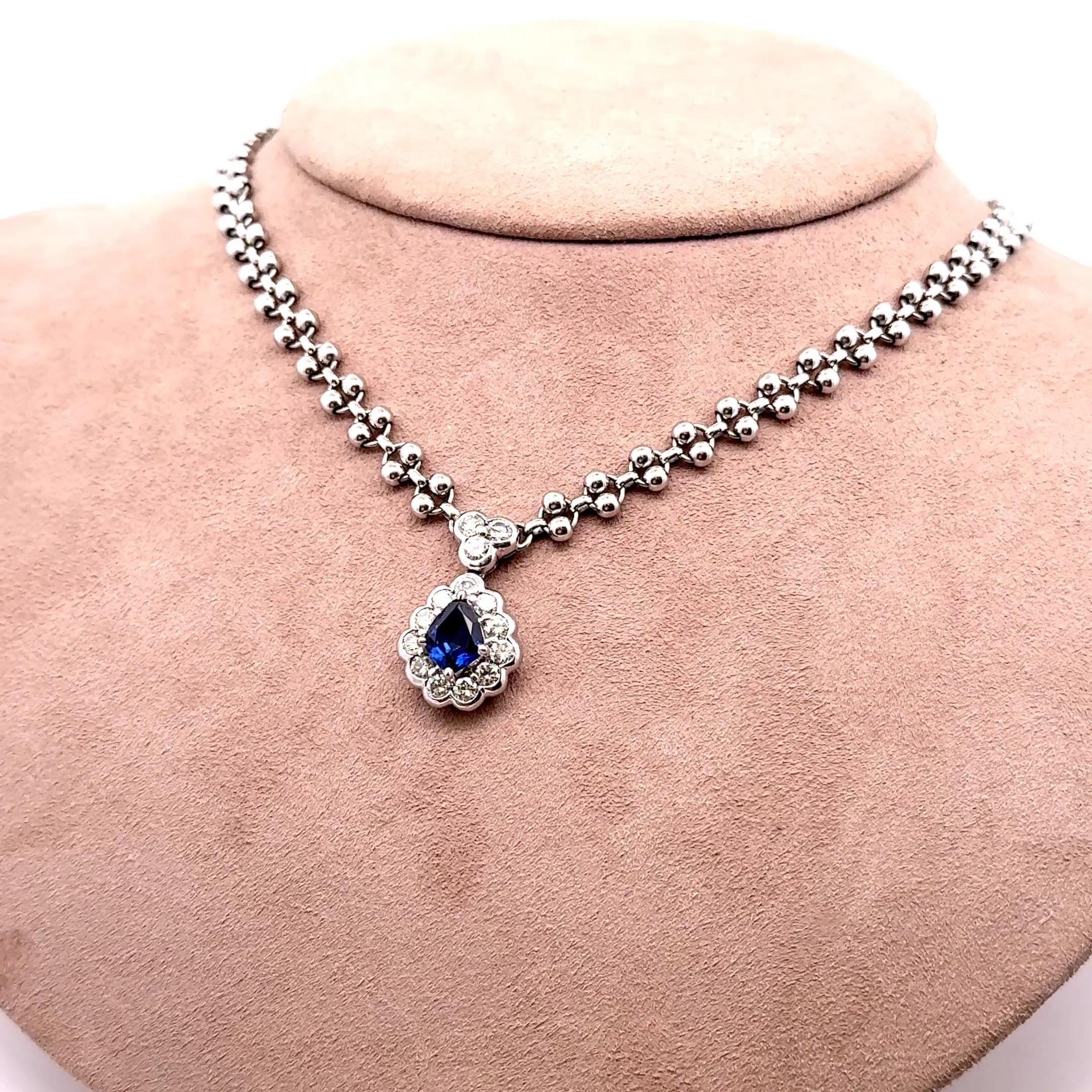 1.95 Carat Blue Sapphire Diamond Platinum Halo Necklace