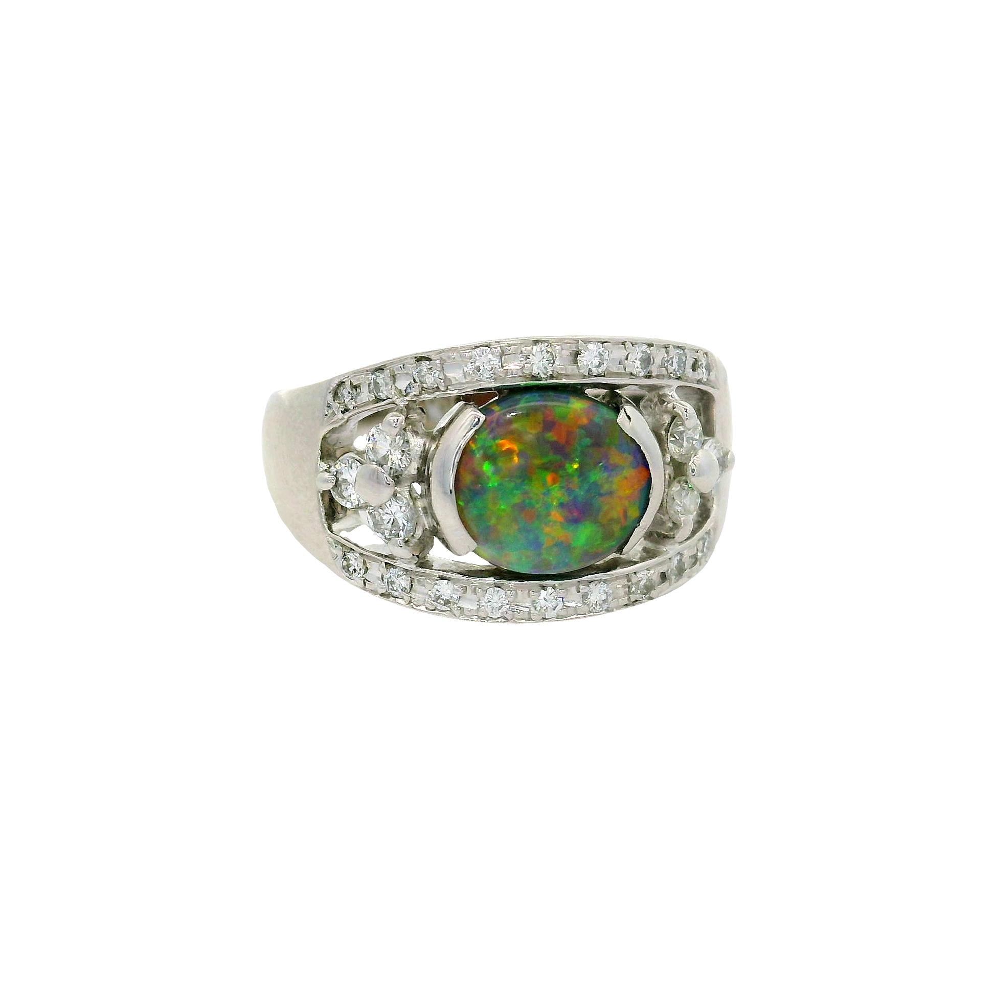 1.37 Carat Australian Black Opal Diamond 18K White Gold Ring