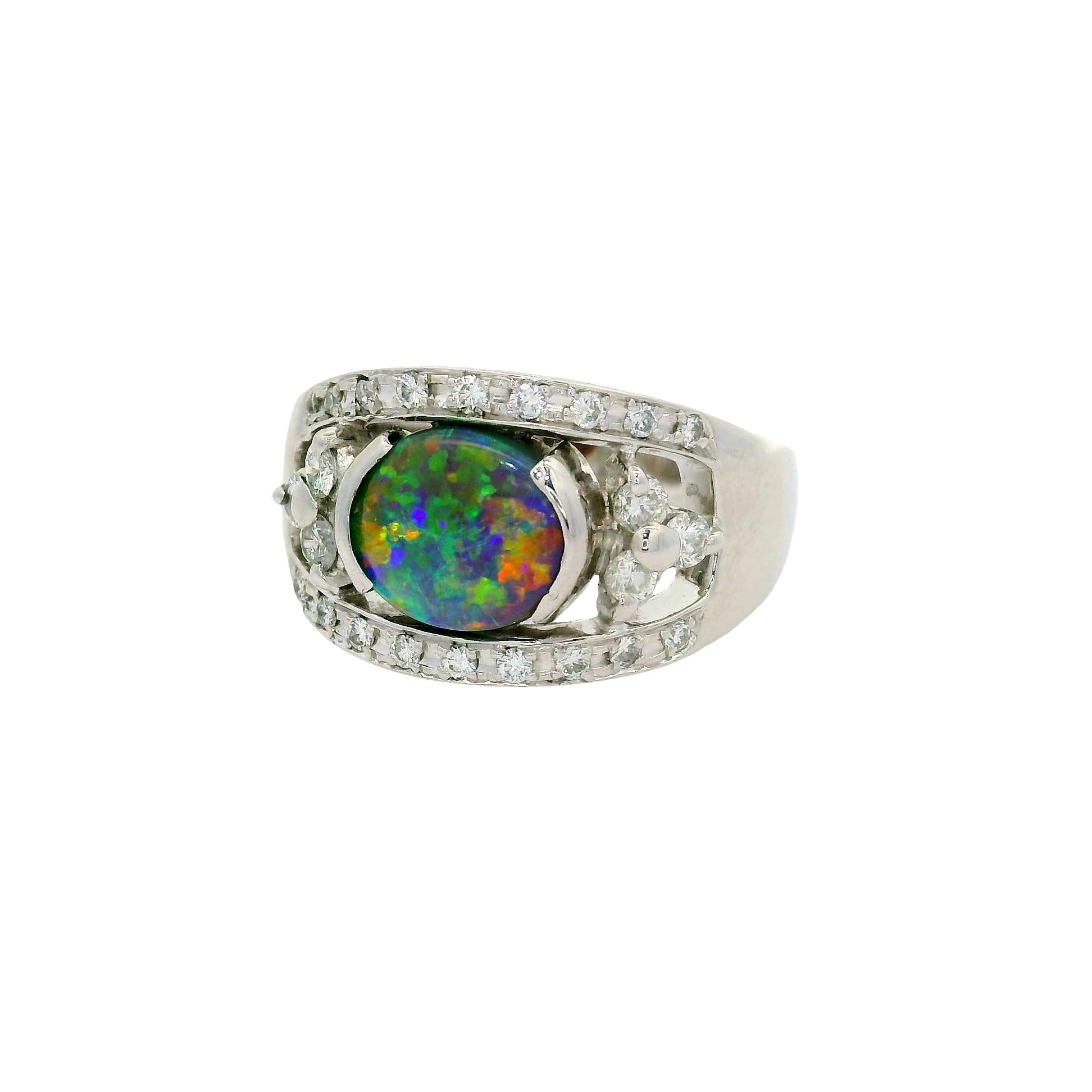 1.37 Carat Australian Black Opal Diamond 18K White Gold Ring