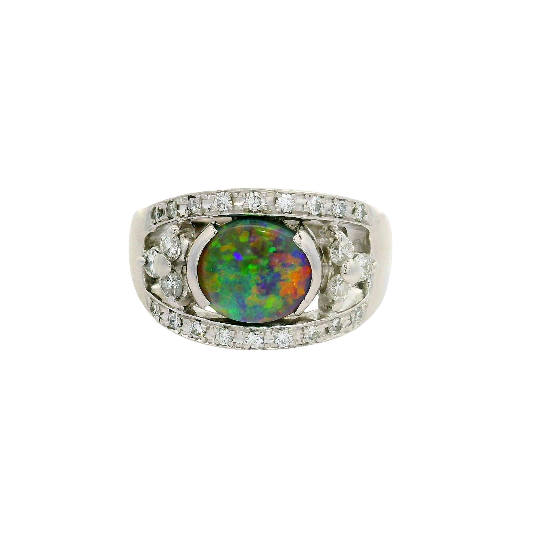 1.37 Carat Australian Black Opal Diamond 18K White Gold Ring