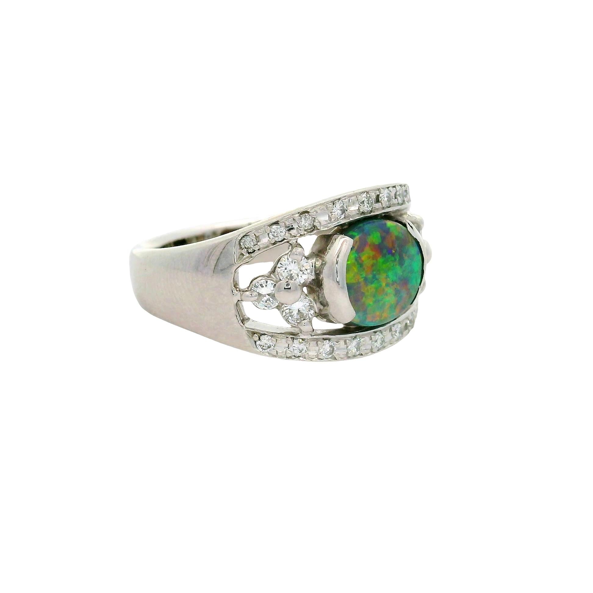 1.37 Carat Australian Black Opal Diamond 18K White Gold Ring