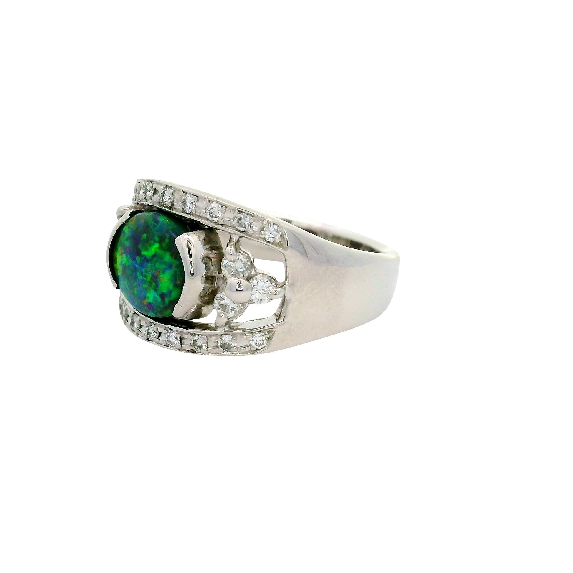 1.37 Carat Australian Black Opal Diamond 18K White Gold Ring