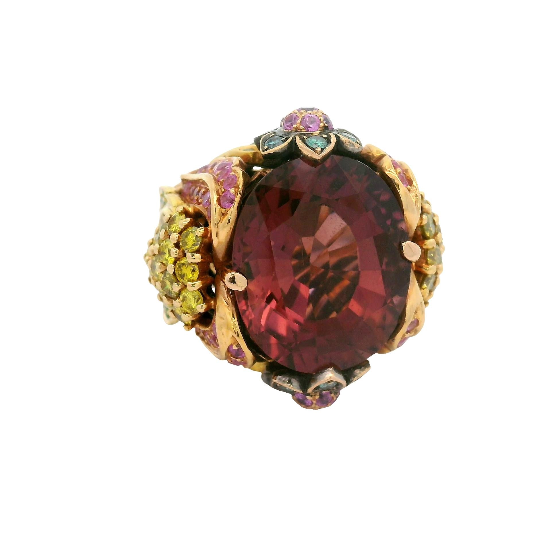 Pink Tourmaline Diamond Sapphire Tsavorite 18K Rose Gold Cocktail Ring