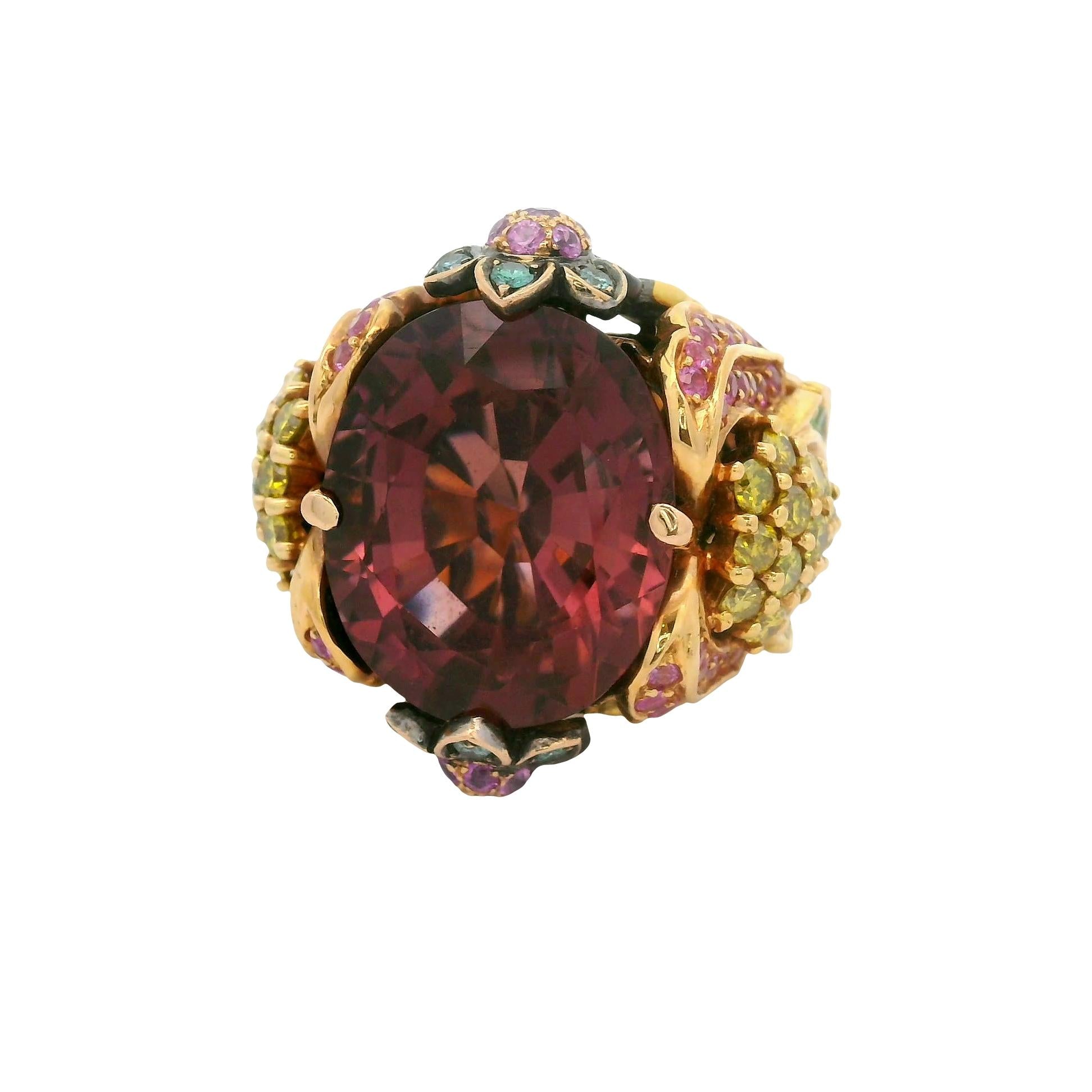 Pink Tourmaline Diamond Sapphire Tsavorite 18K Rose Gold Cocktail Ring