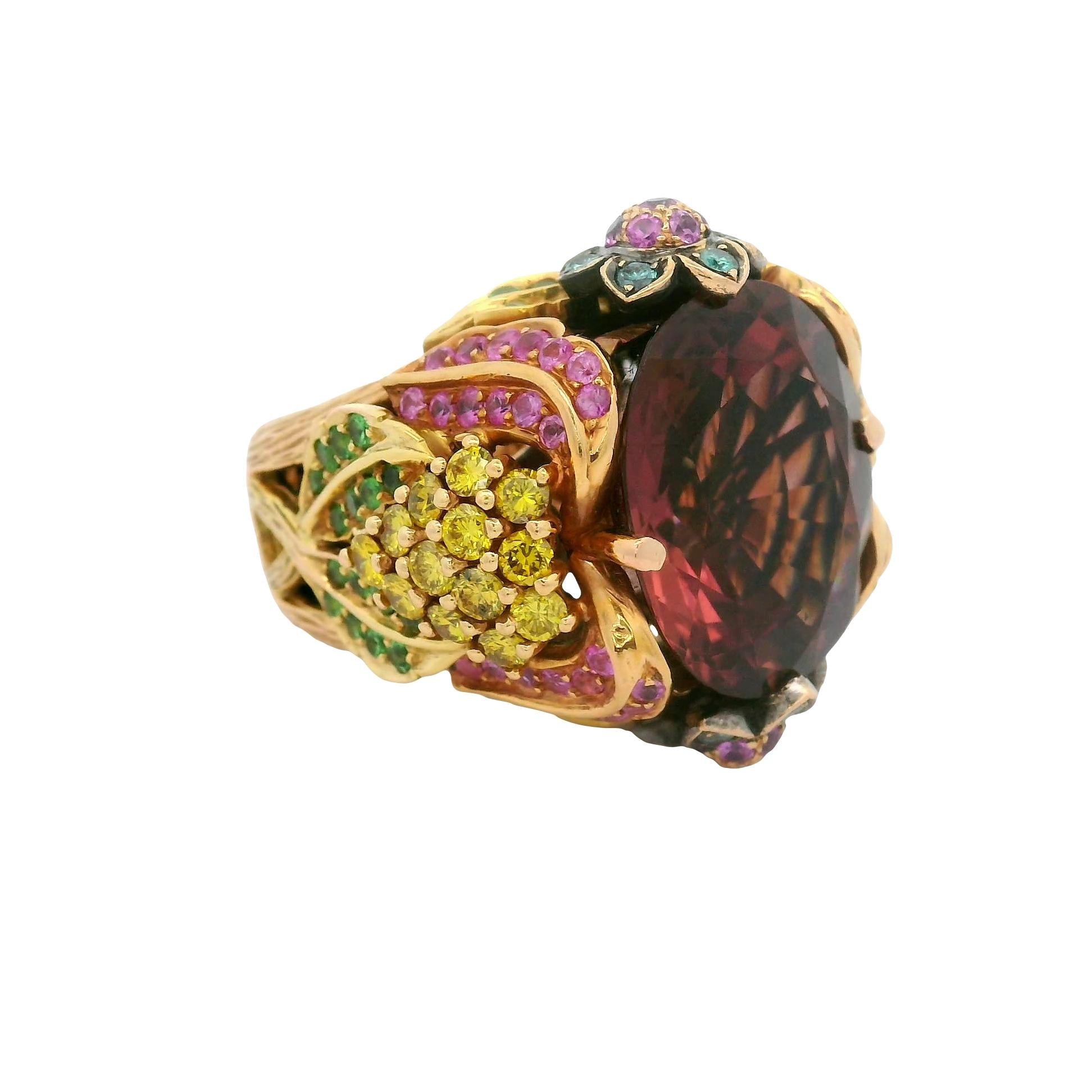 Pink Tourmaline Diamond Sapphire Tsavorite 18K Rose Gold Cocktail Ring
