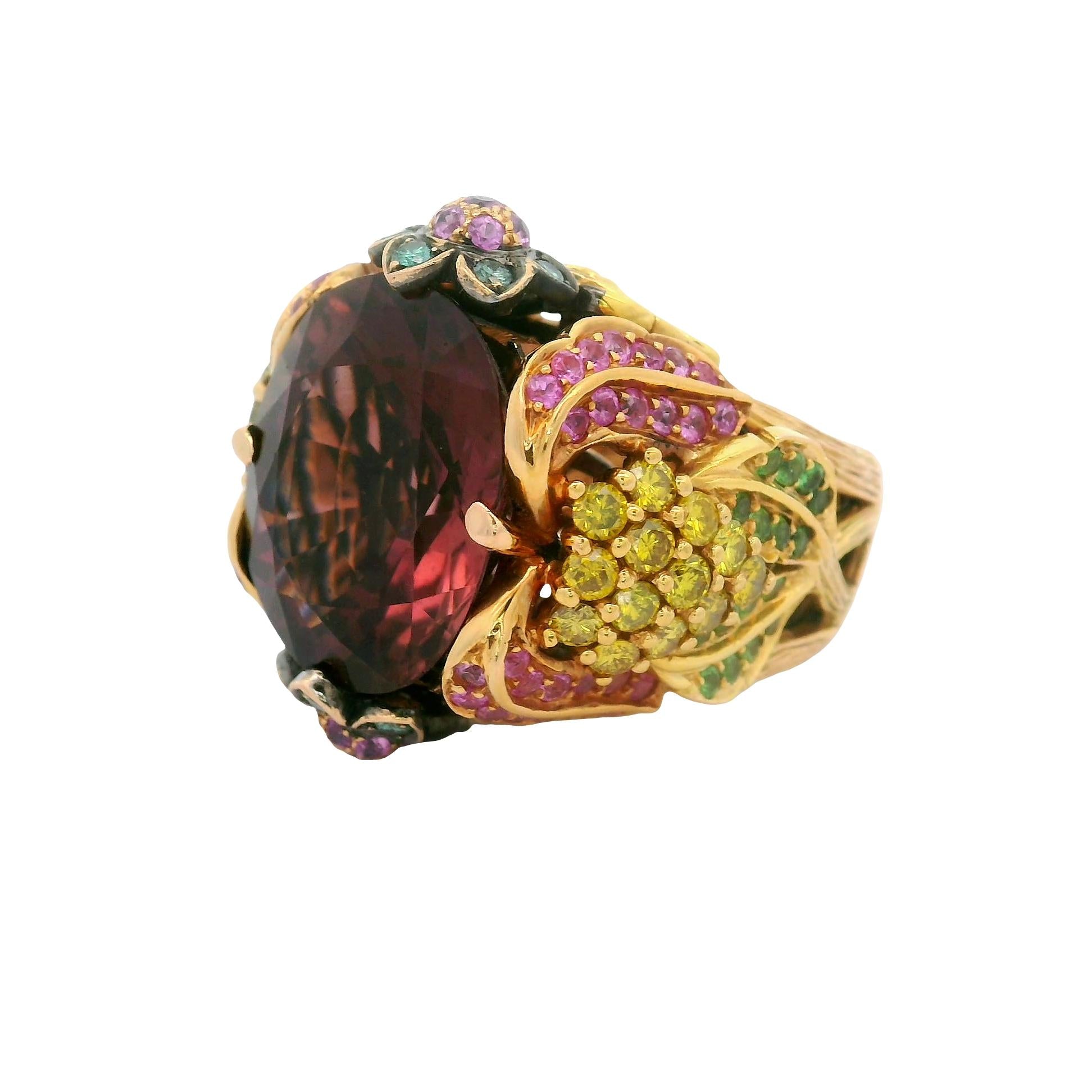 Pink Tourmaline Diamond Sapphire Tsavorite 18K Rose Gold Cocktail Ring