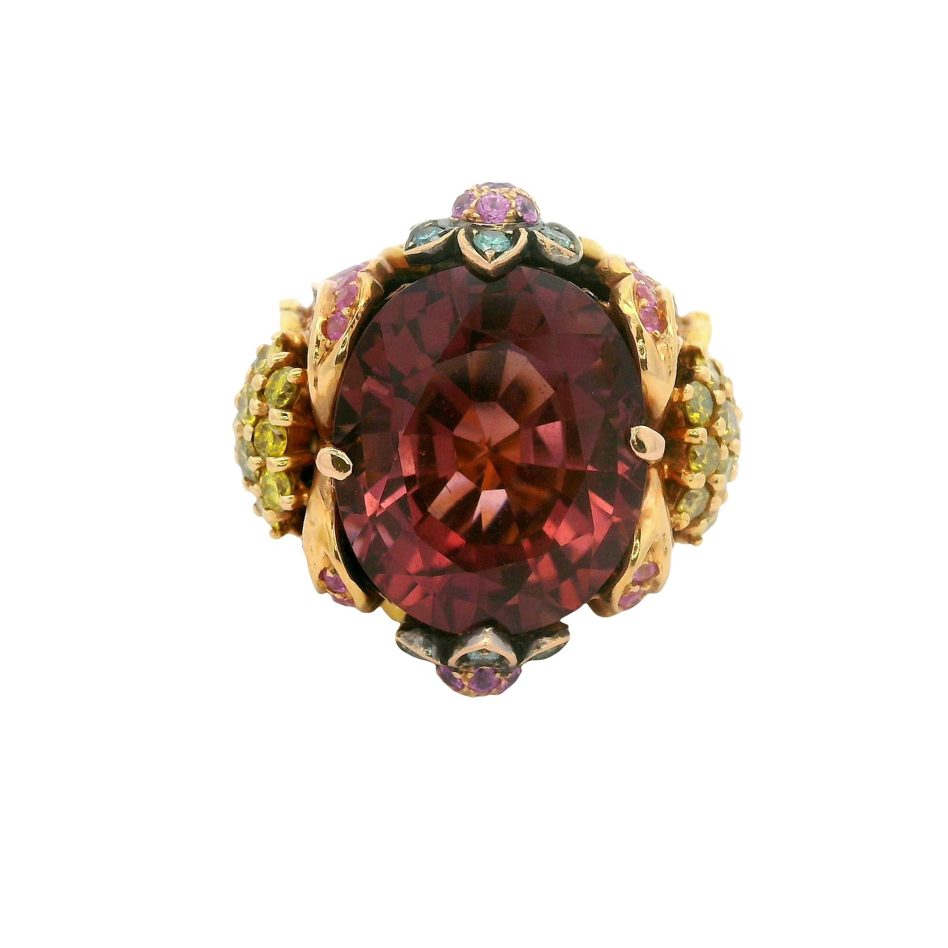 Pink Tourmaline Diamond Sapphire Tsavorite 18K Rose Gold Cocktail Ring
