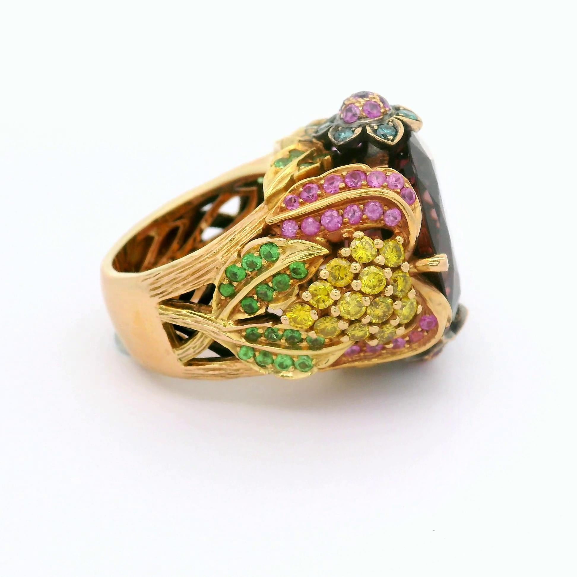 Pink Tourmaline Diamond Sapphire Tsavorite 18K Rose Gold Cocktail Ring