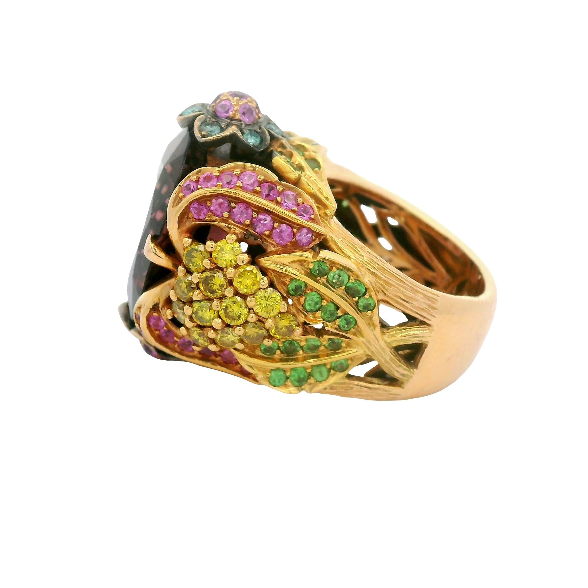 Pink Tourmaline Diamond Sapphire Tsavorite 18K Rose Gold Cocktail Ring
