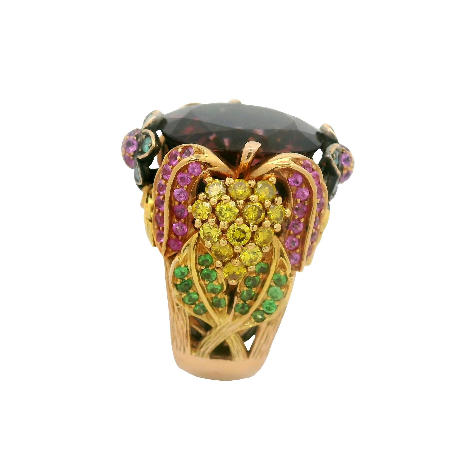 Pink Tourmaline Diamond Sapphire Tsavorite 18K Rose Gold Cocktail Ring