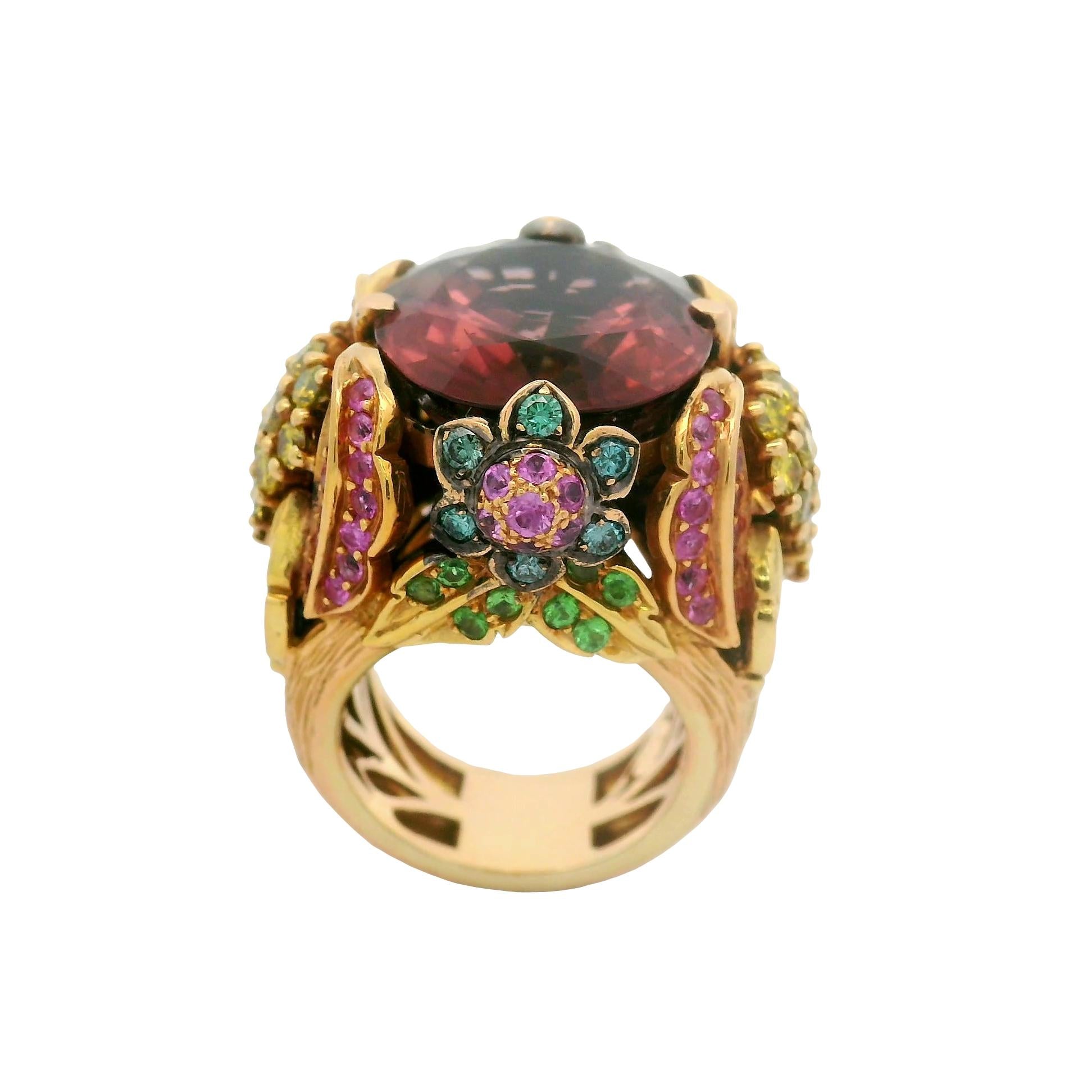 Pink Tourmaline Diamond Sapphire Tsavorite 18K Rose Gold Cocktail Ring