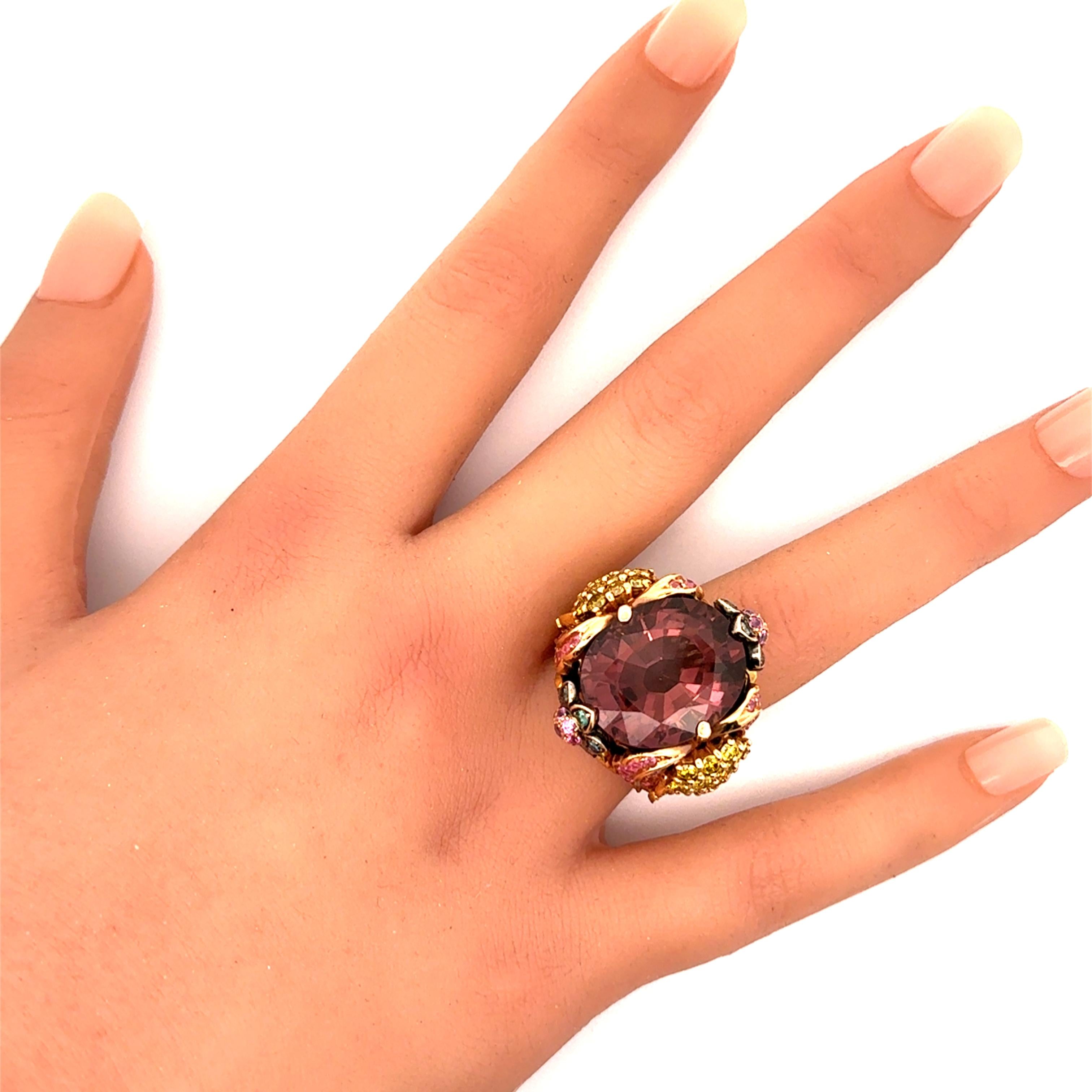 Pink Tourmaline Diamond Sapphire Tsavorite 18K Rose Gold Cocktail Ring