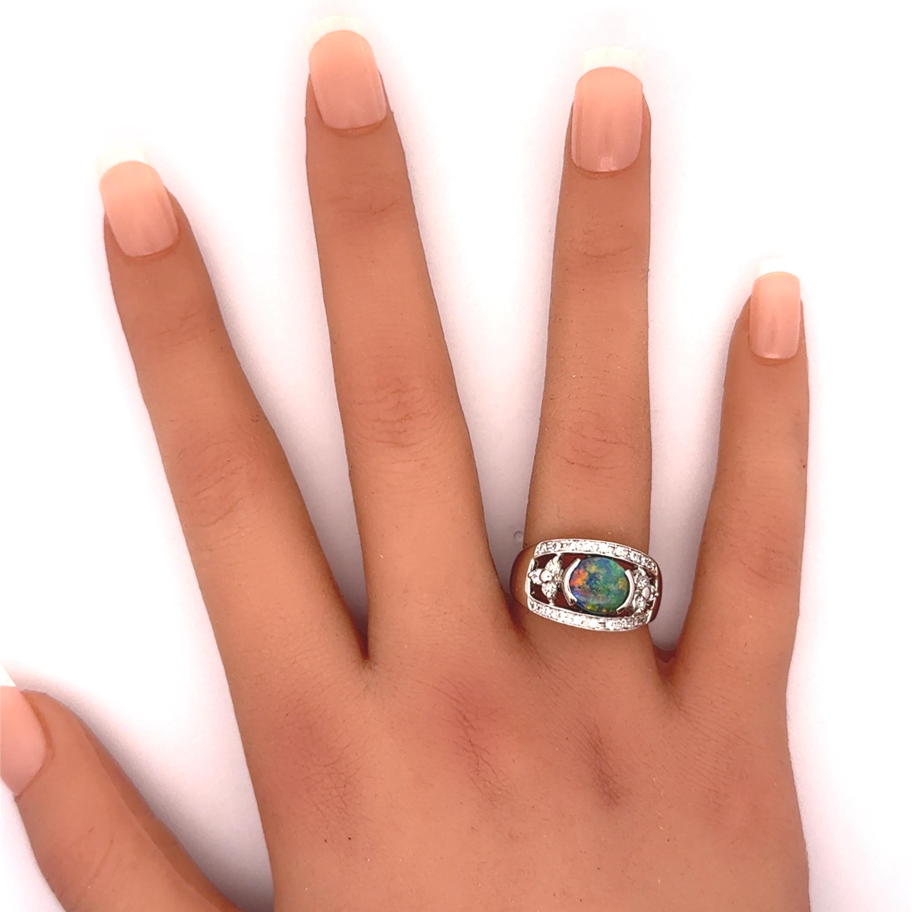 1.37 Carat Australian Black Opal Diamond 18K White Gold Ring