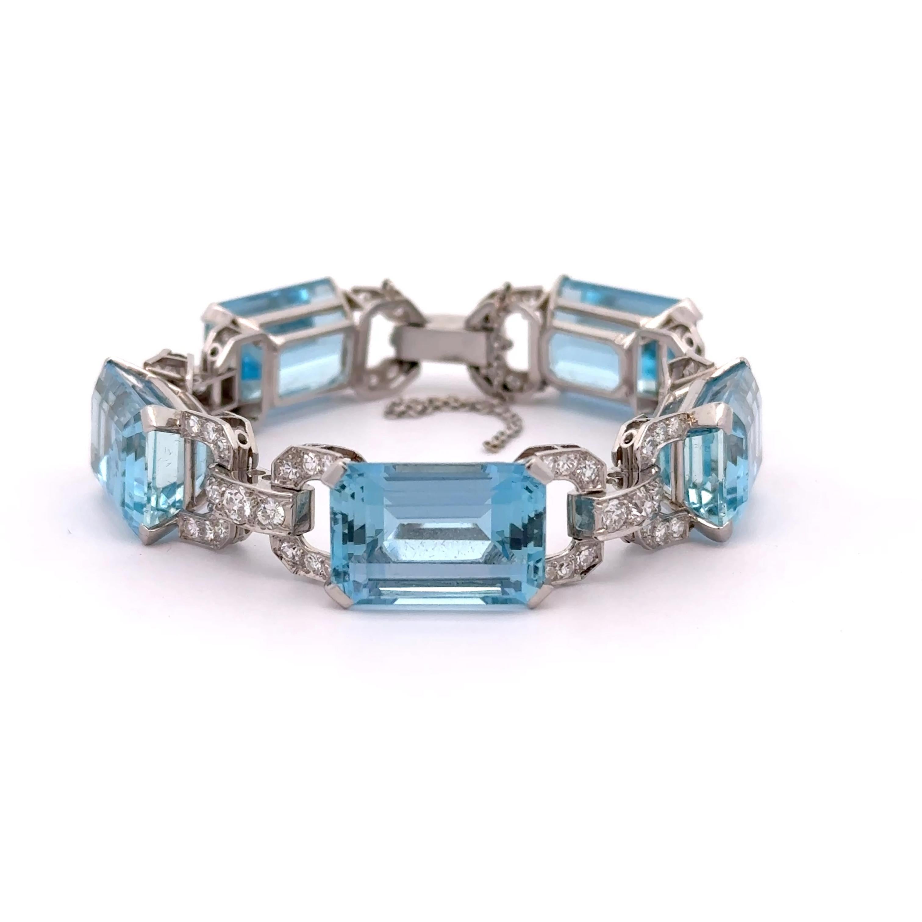 Art Deco Aquamarine Diamond Platinum Link Bracelet