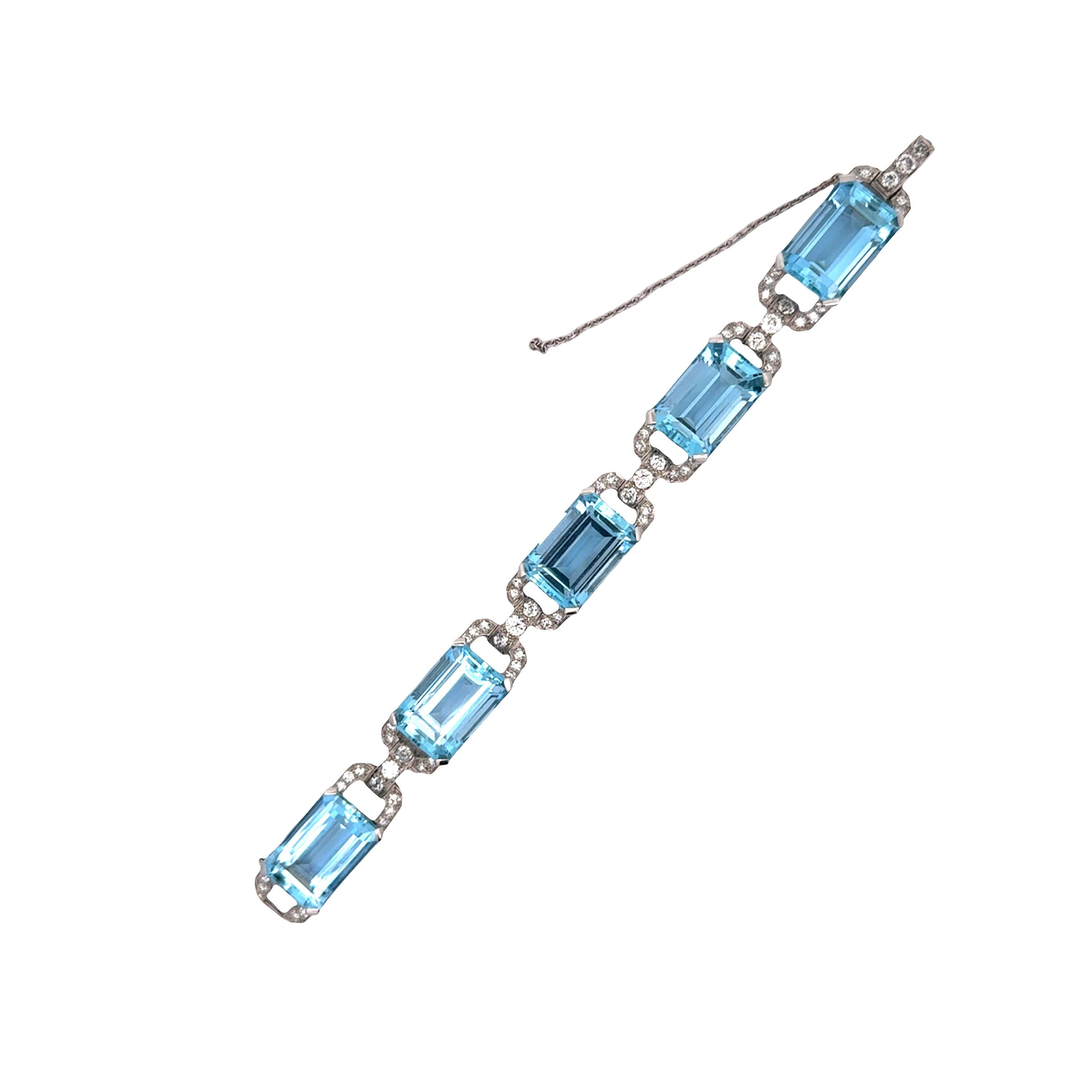 Art Deco Aquamarine Diamond Platinum Link Bracelet