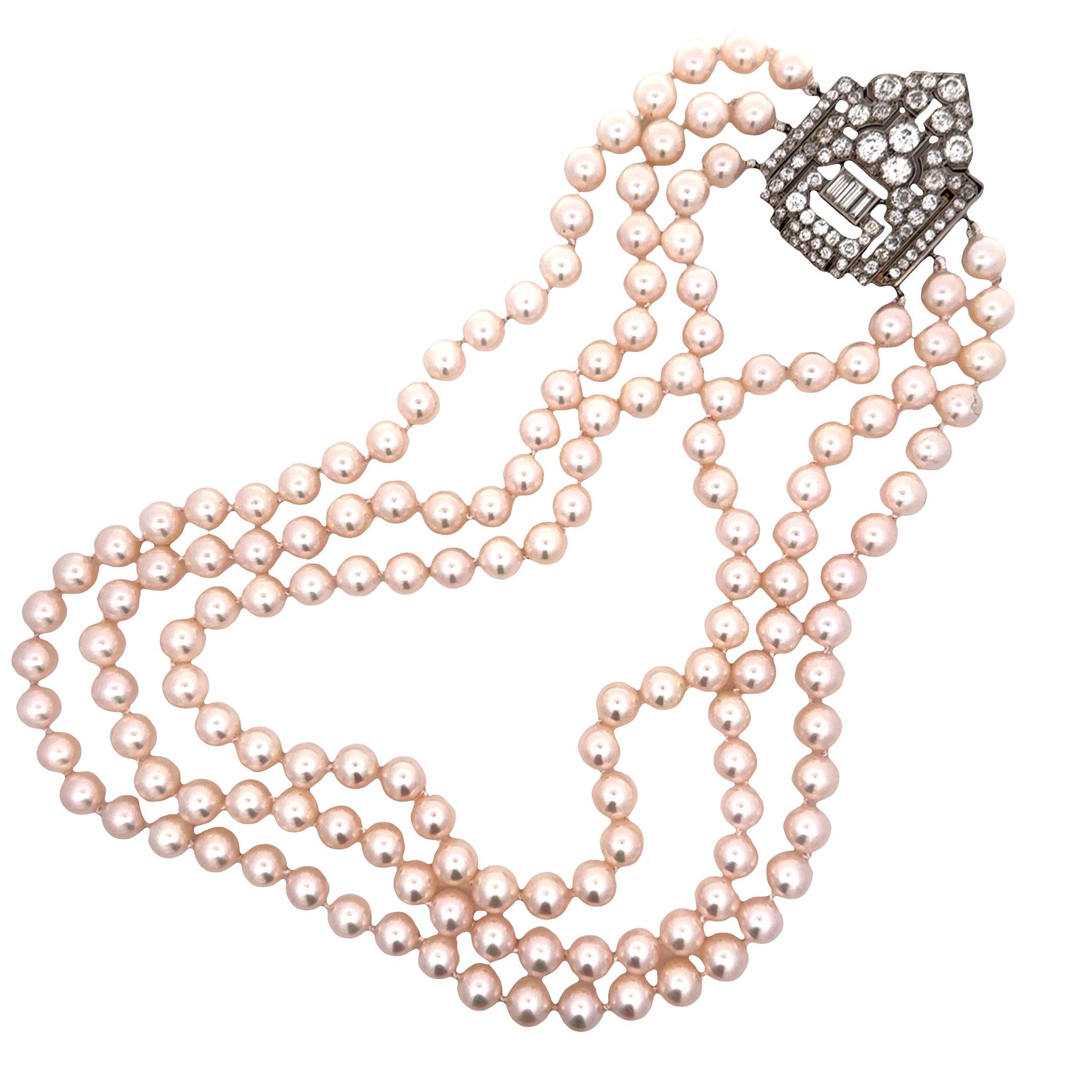 Art Deco Akoya Pearl Diamond Platinum Triple Strand Necklace