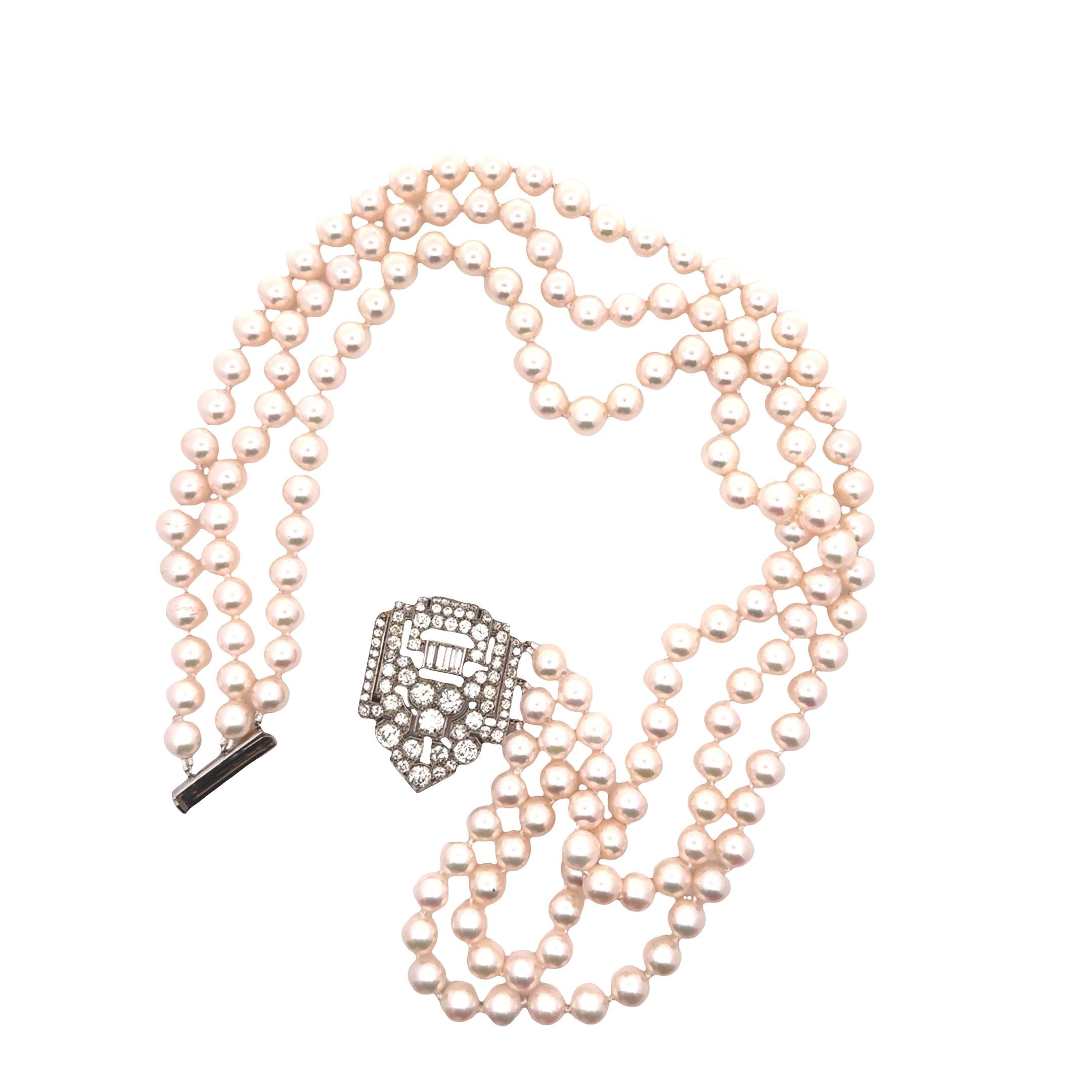 Art Deco Akoya Pearl Diamond Platinum Triple Strand Necklace