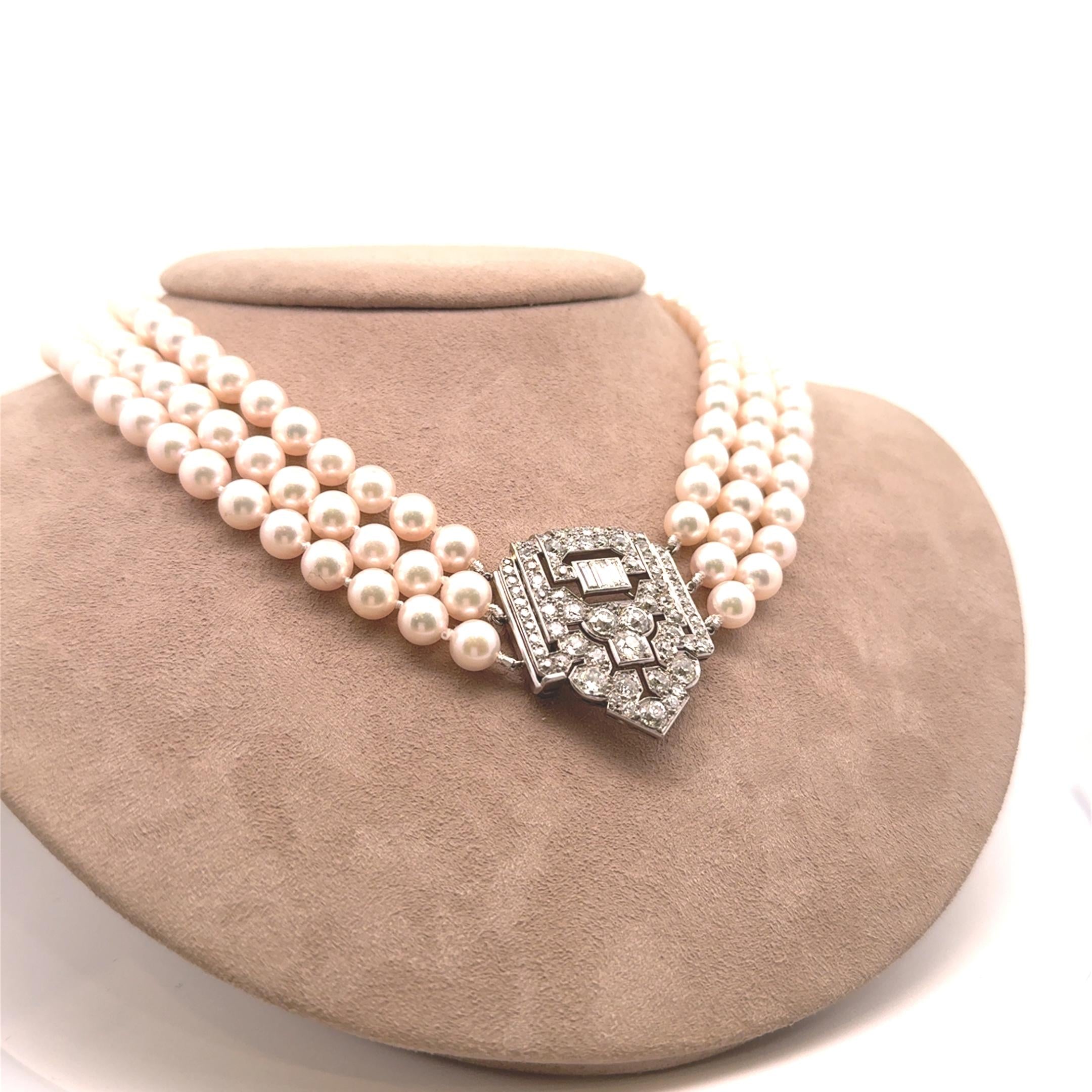 Art Deco Akoya Pearl Diamond Platinum Triple Strand Necklace