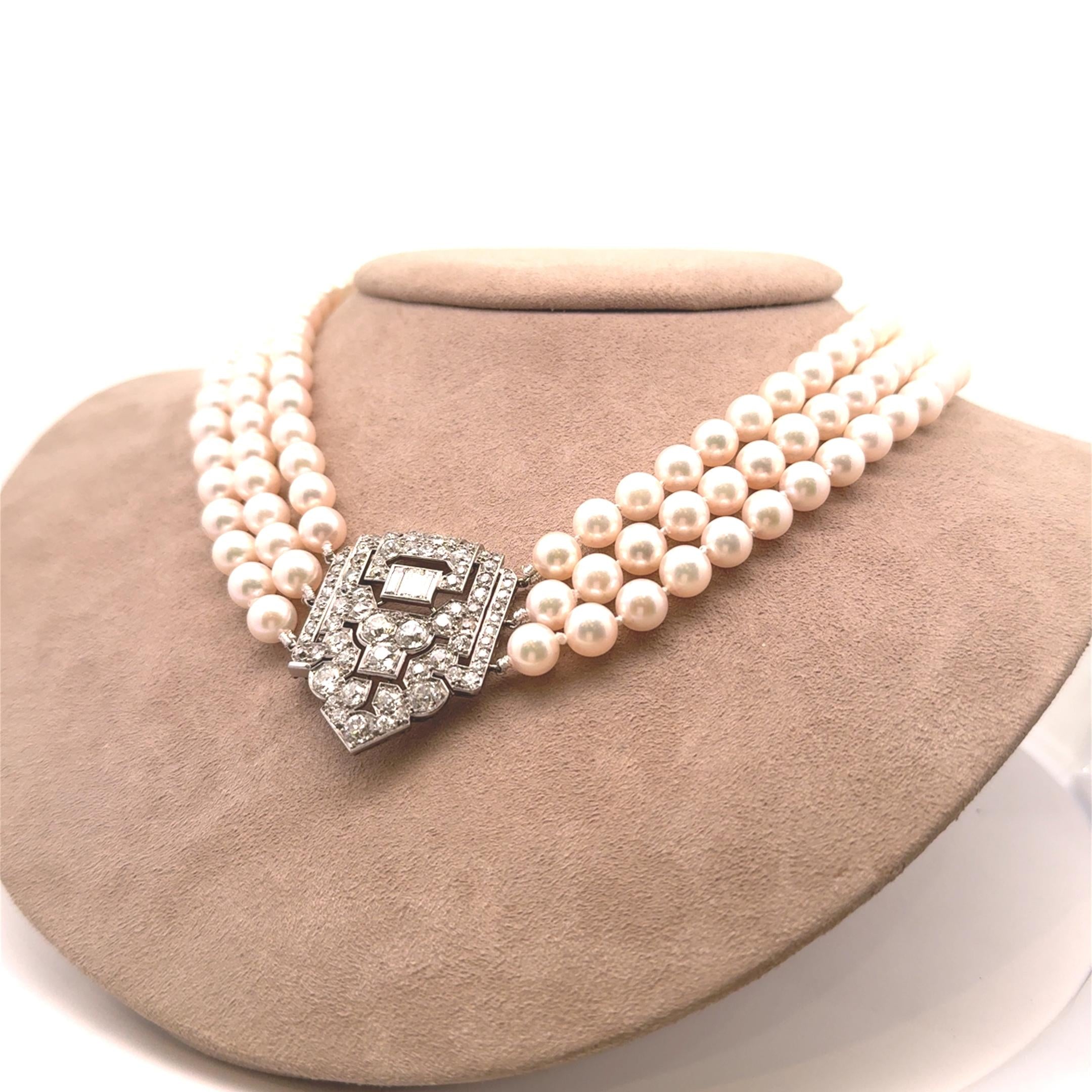 Art Deco Akoya Pearl Diamond Platinum Triple Strand Necklace