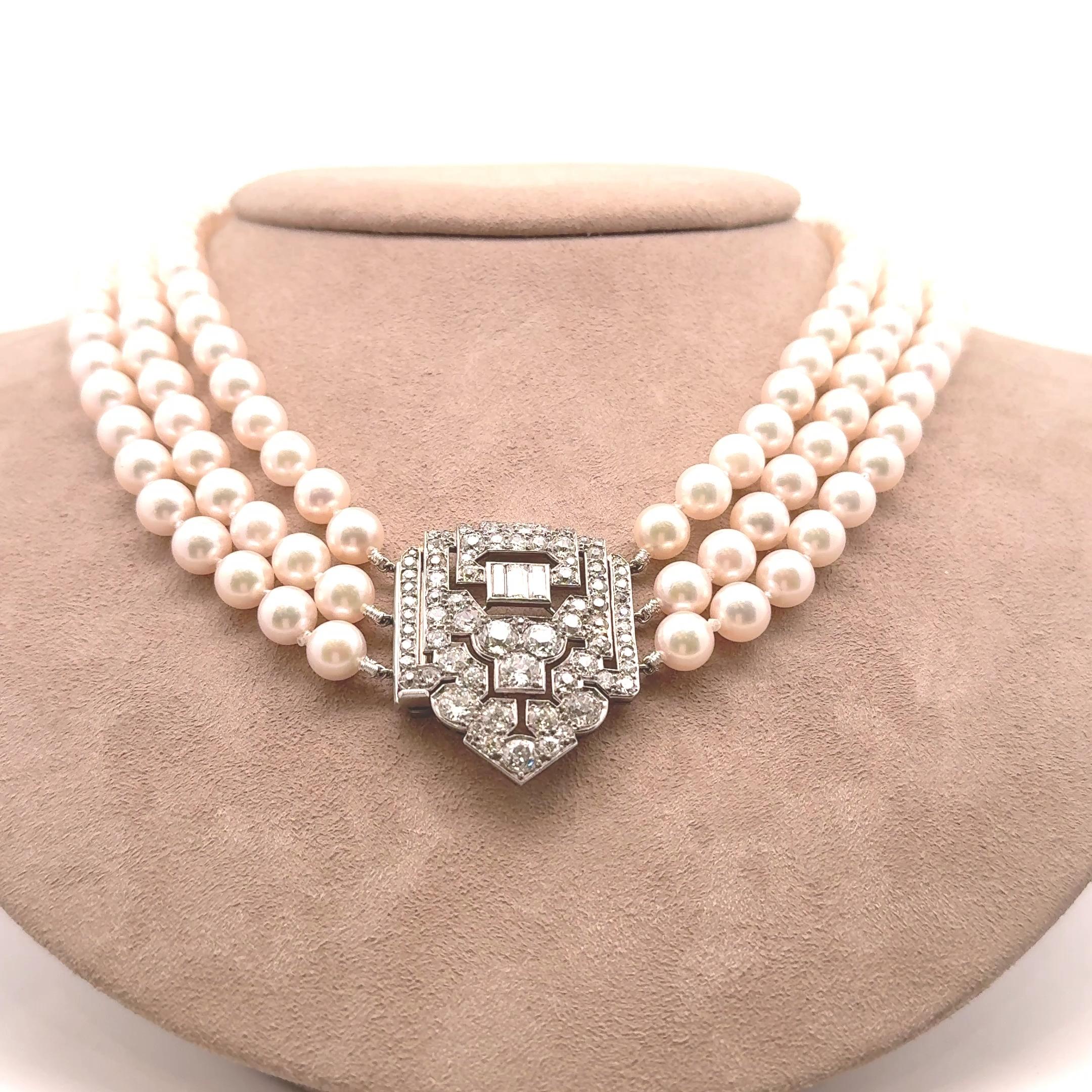 Art Deco Akoya Pearl Diamond Platinum Triple Strand Necklace