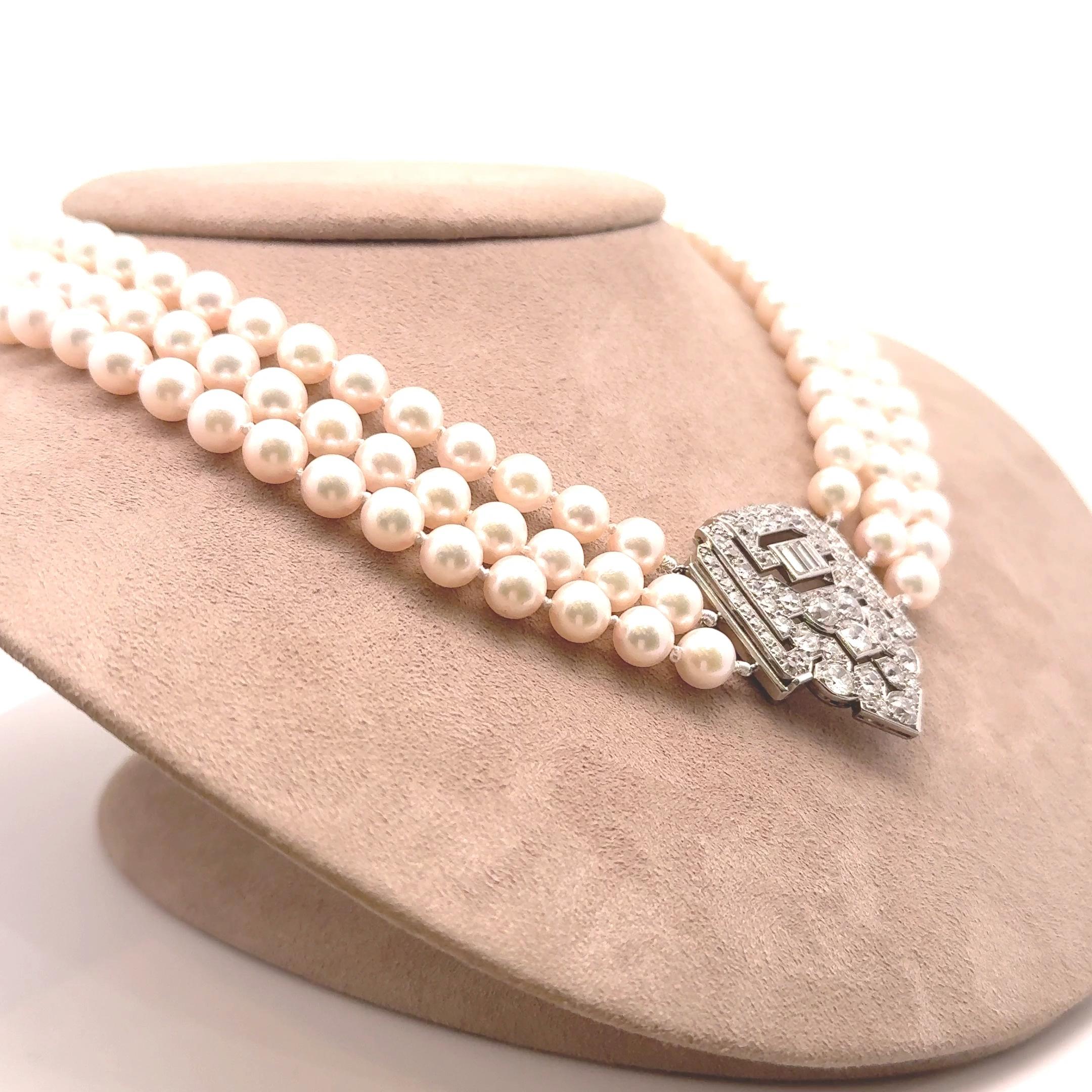 Art Deco Akoya Pearl Diamond Platinum Triple Strand Necklace