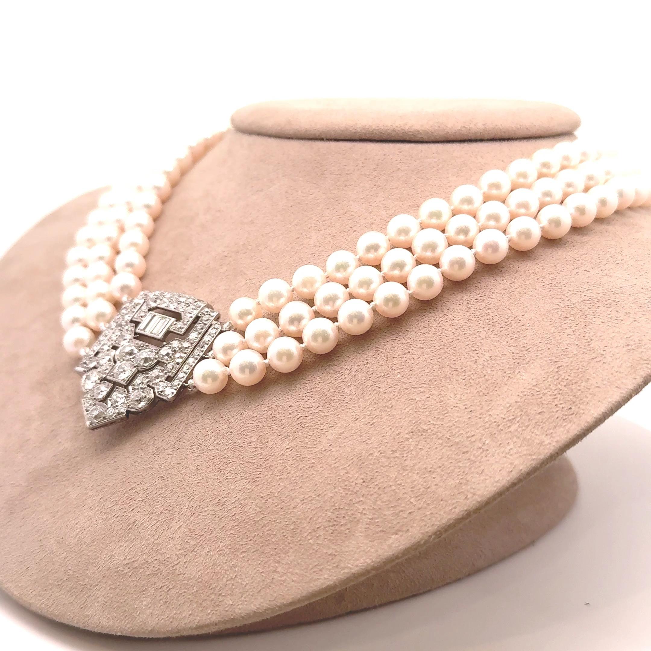 Art Deco Akoya Pearl Diamond Platinum Triple Strand Necklace