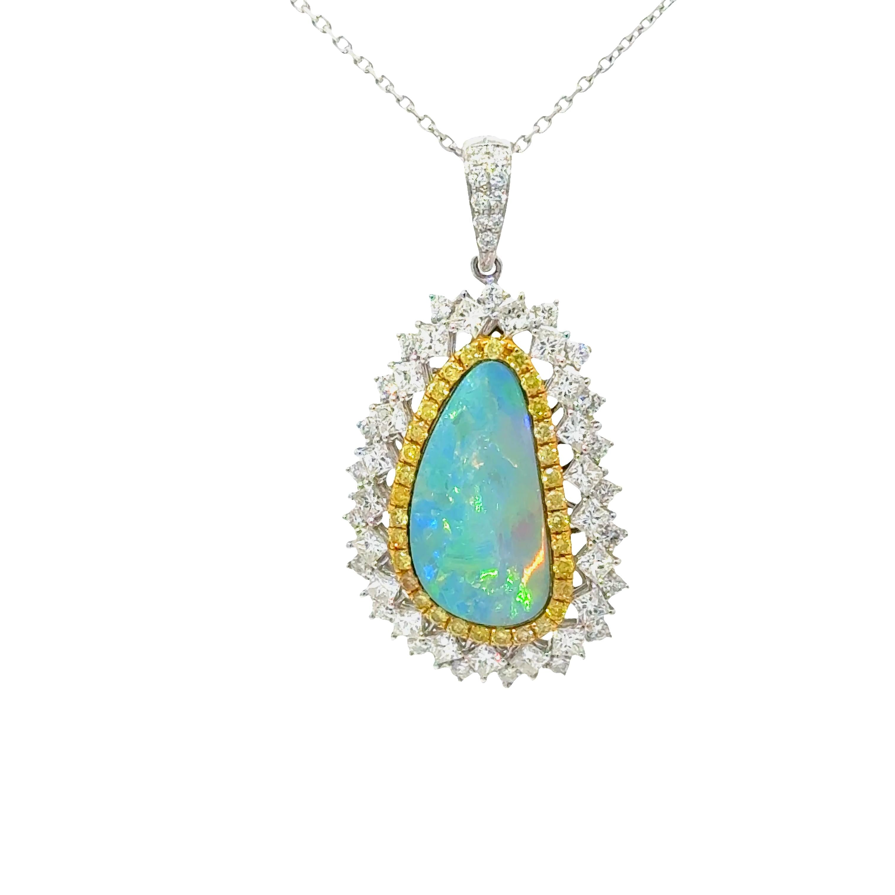 3.86 Carat Boulder Opal Diamond 18K White Yellow Gold Halo Pendant