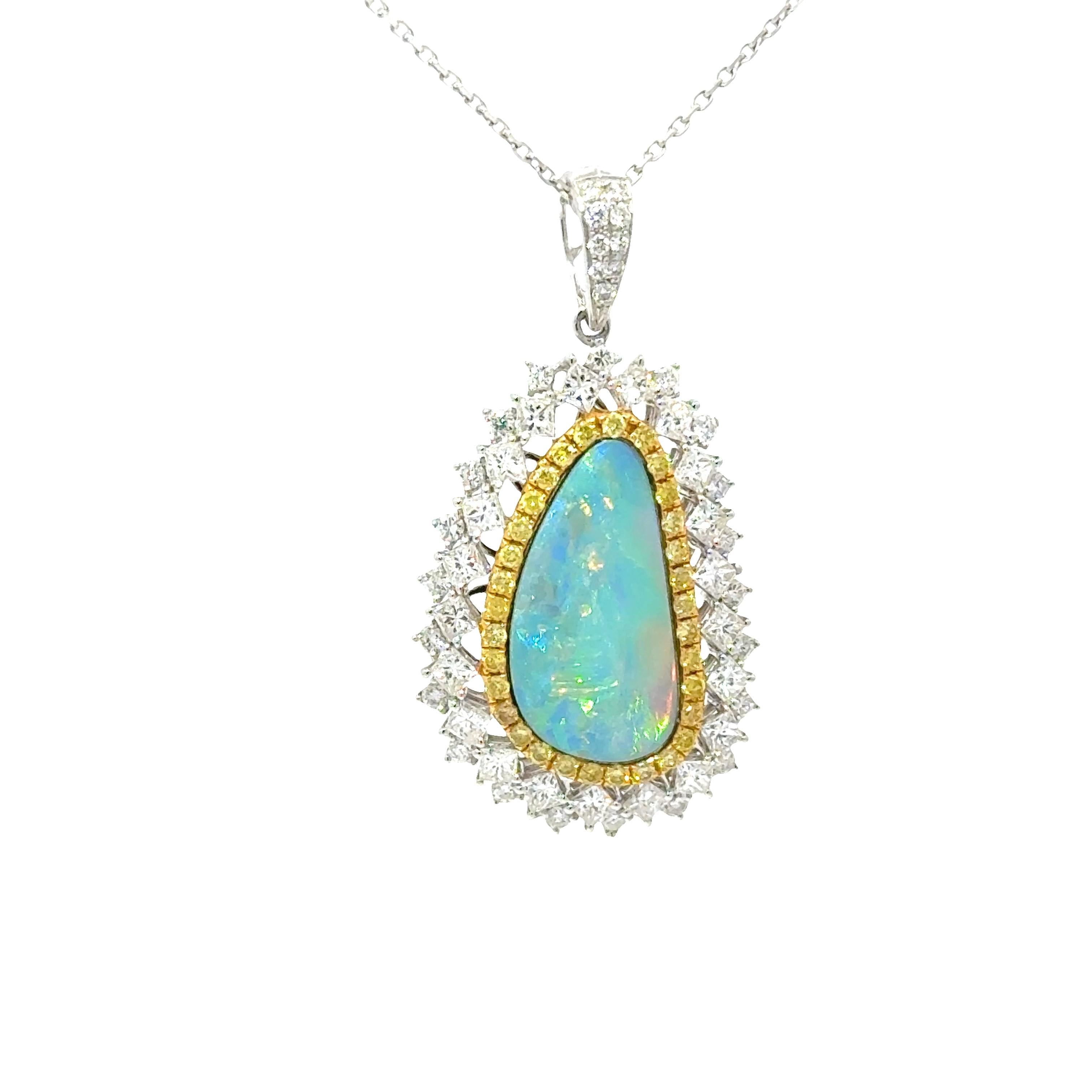 3.86 Carat Boulder Opal Diamond 18K White Yellow Gold Halo Pendant