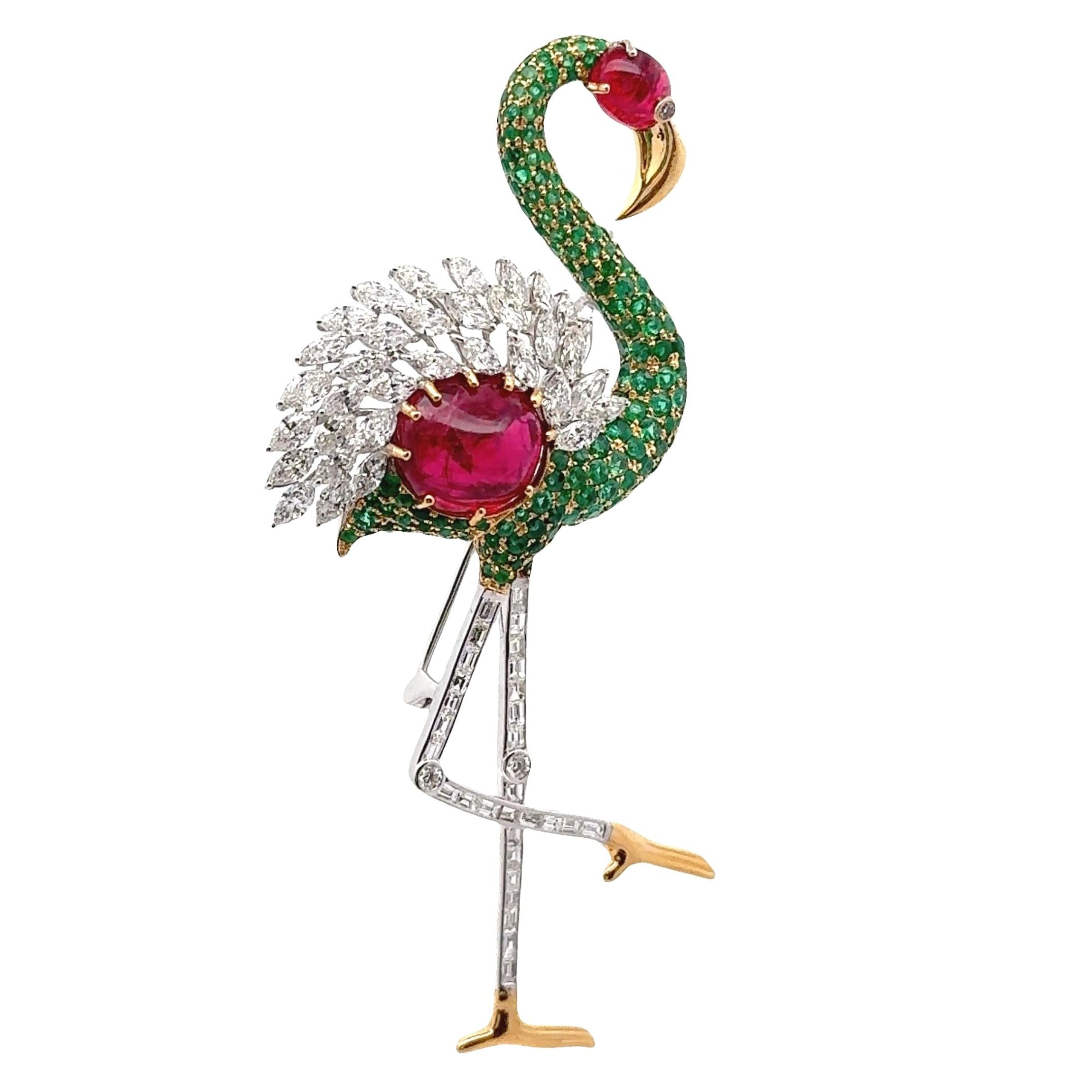 Burmese Spinel Emerald Diamond 18K White Yellow Gold Flamingo Brooch, GIA Cert