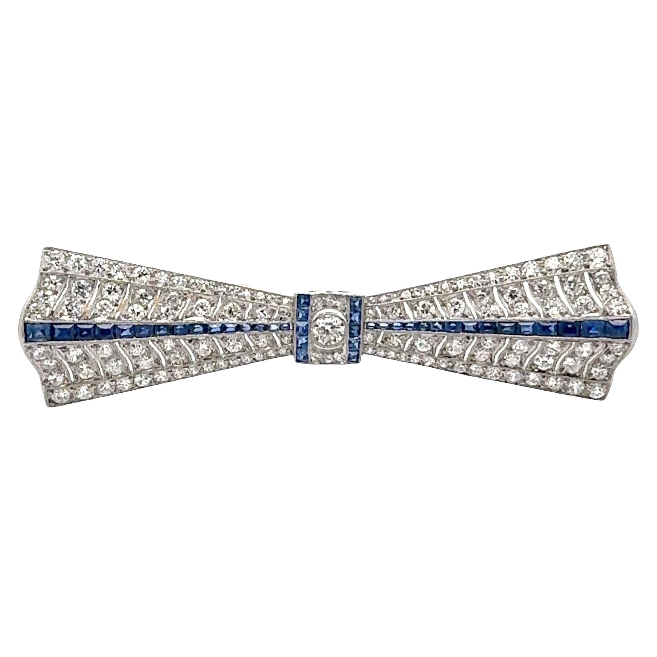 Art Deco Diamond Sapphire Platinum Bow Pin Brooch