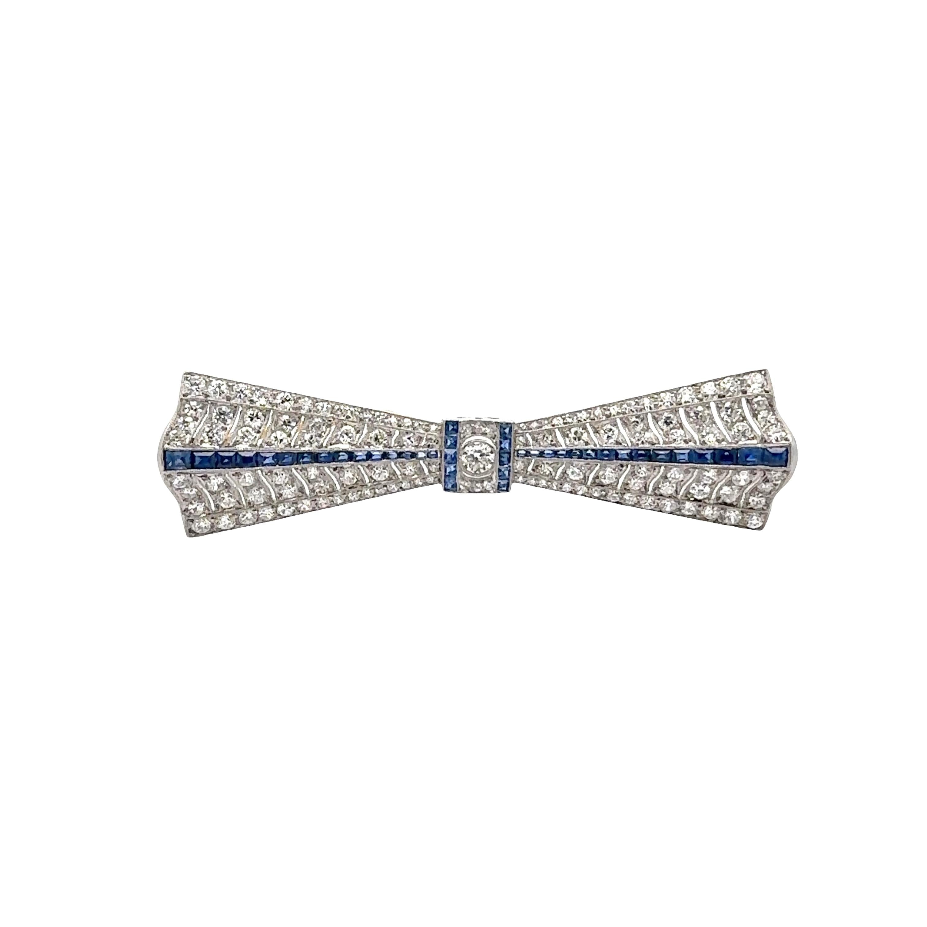 Art Deco Diamond Sapphire Platinum Bow Pin Brooch