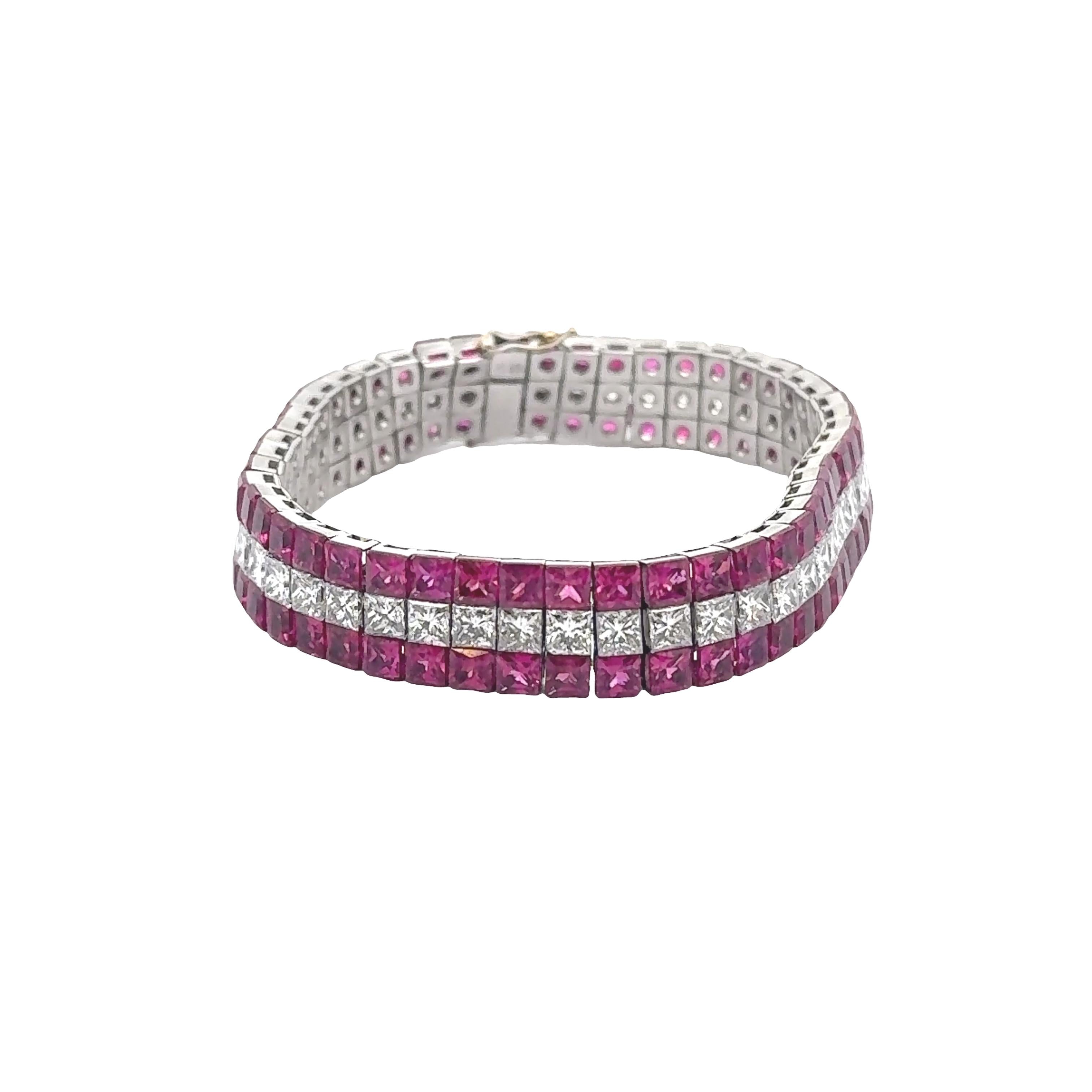 Exquisite Invisible-Set Ruby & Diamond Platinum Flexible Tennis Bracelet