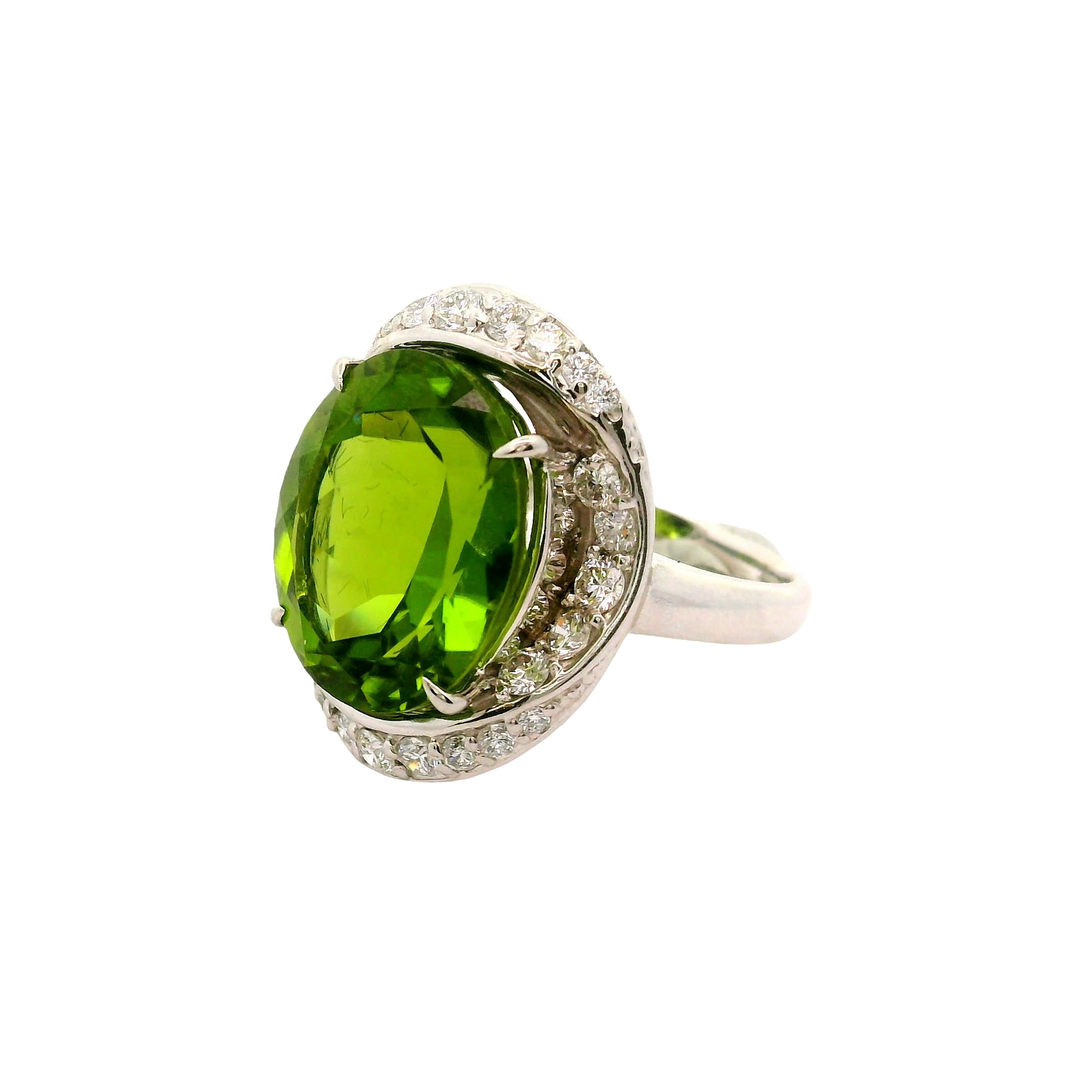 12.12 Carat Peridot Diamond Platinum Spiral Halo Ring