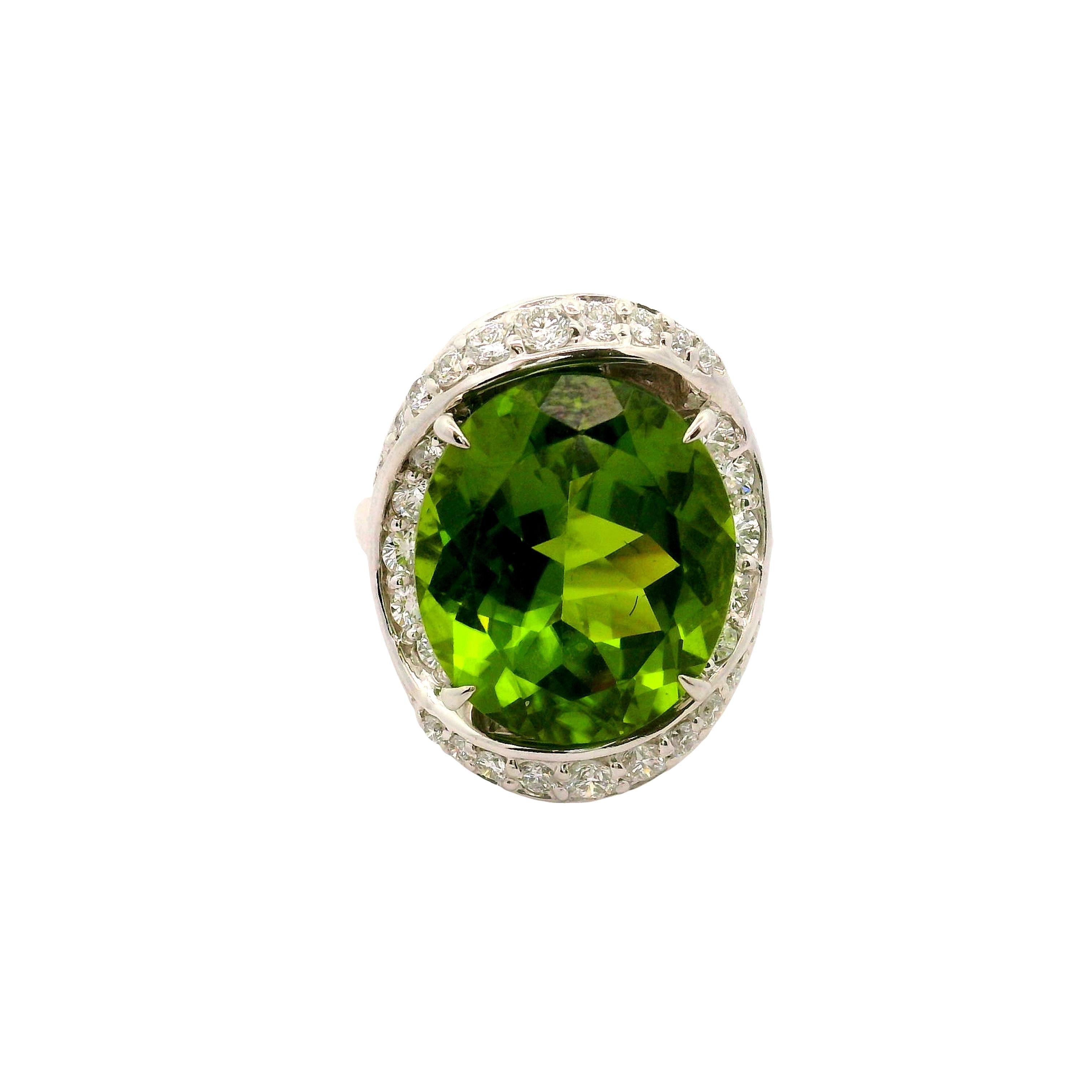 12.12 Carat Peridot Diamond Platinum Spiral Halo Ring