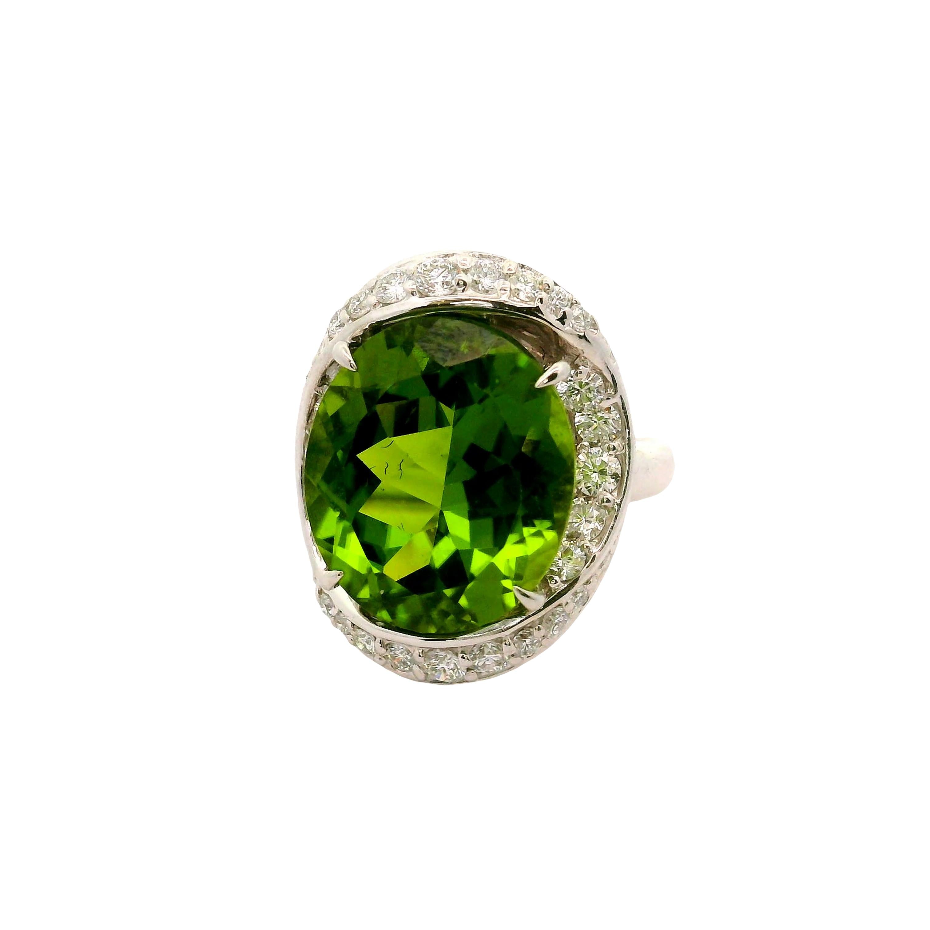 12.12 Carat Peridot Diamond Platinum Spiral Halo Ring