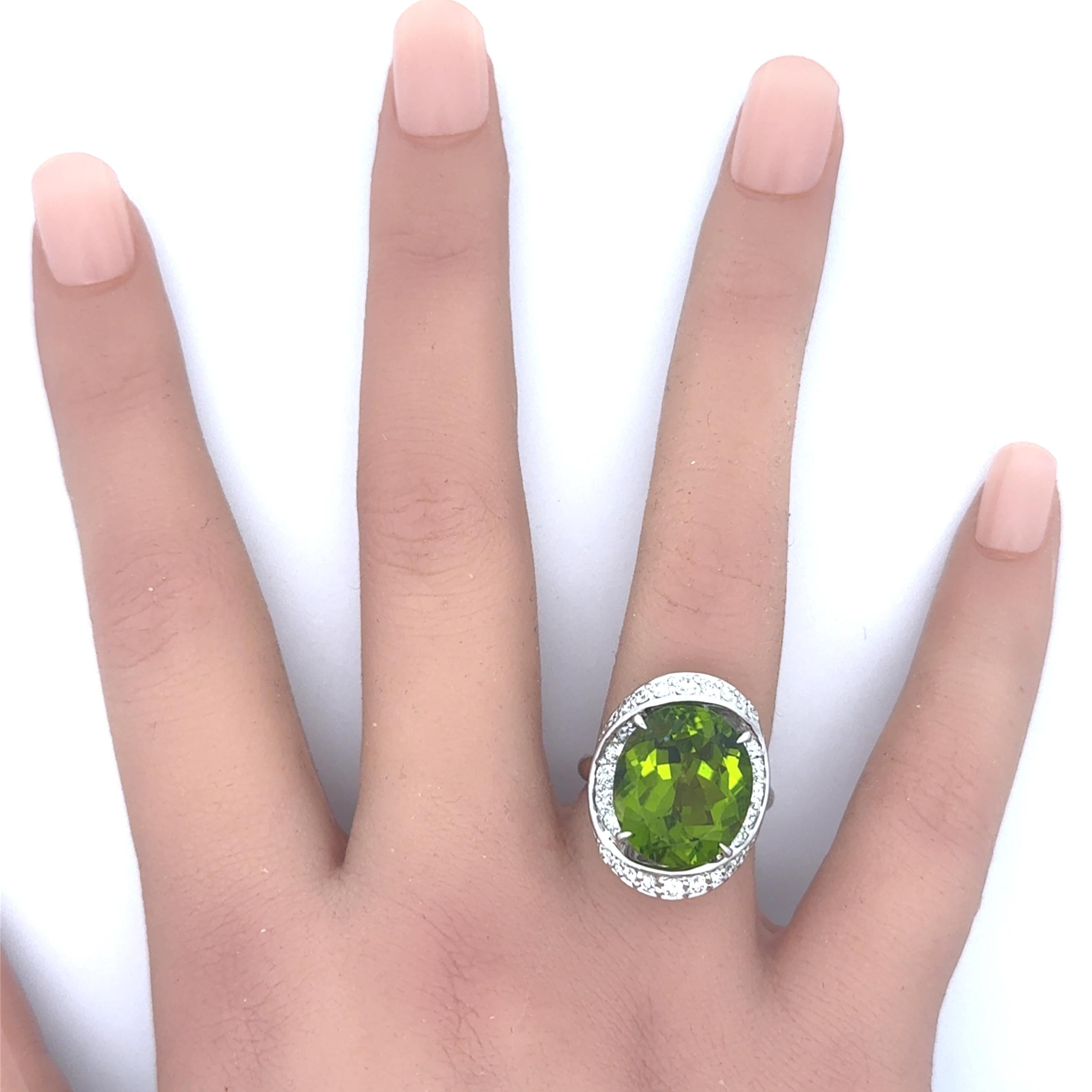 12.12 Carat Peridot Diamond Platinum Spiral Halo Ring