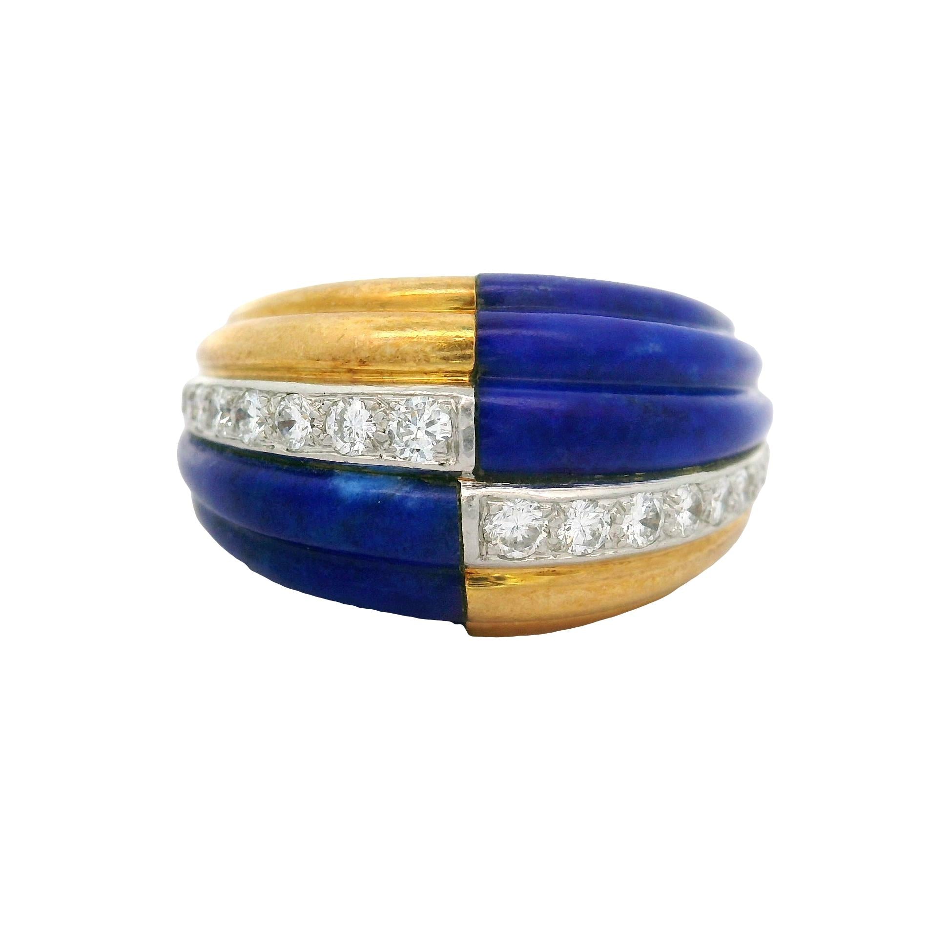 French Diamond Lapis 18K Yellow Gold Checkered Ring