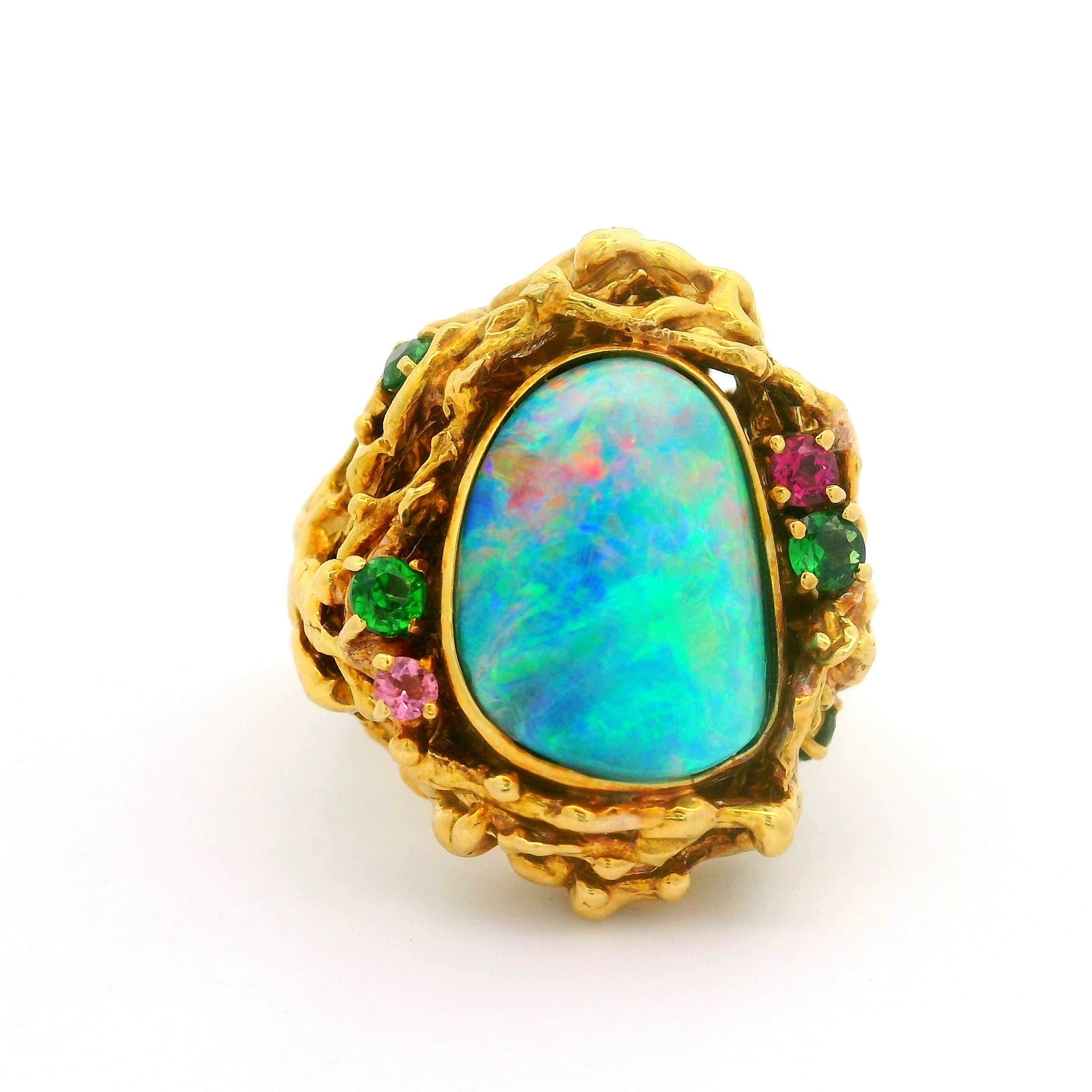 Boulder Opal Multi-Colored Gemstones 18K Gold Cocktail Ring
