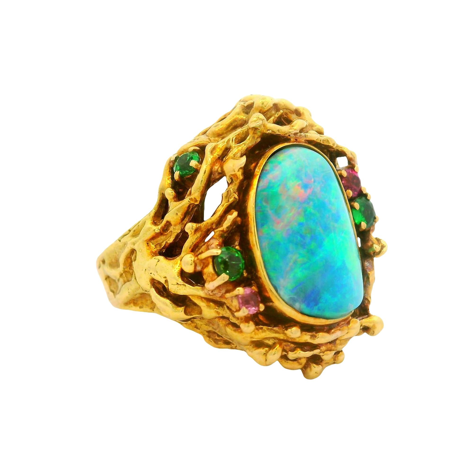 Boulder Opal Multi-Colored Gemstones 18K Gold Cocktail Ring