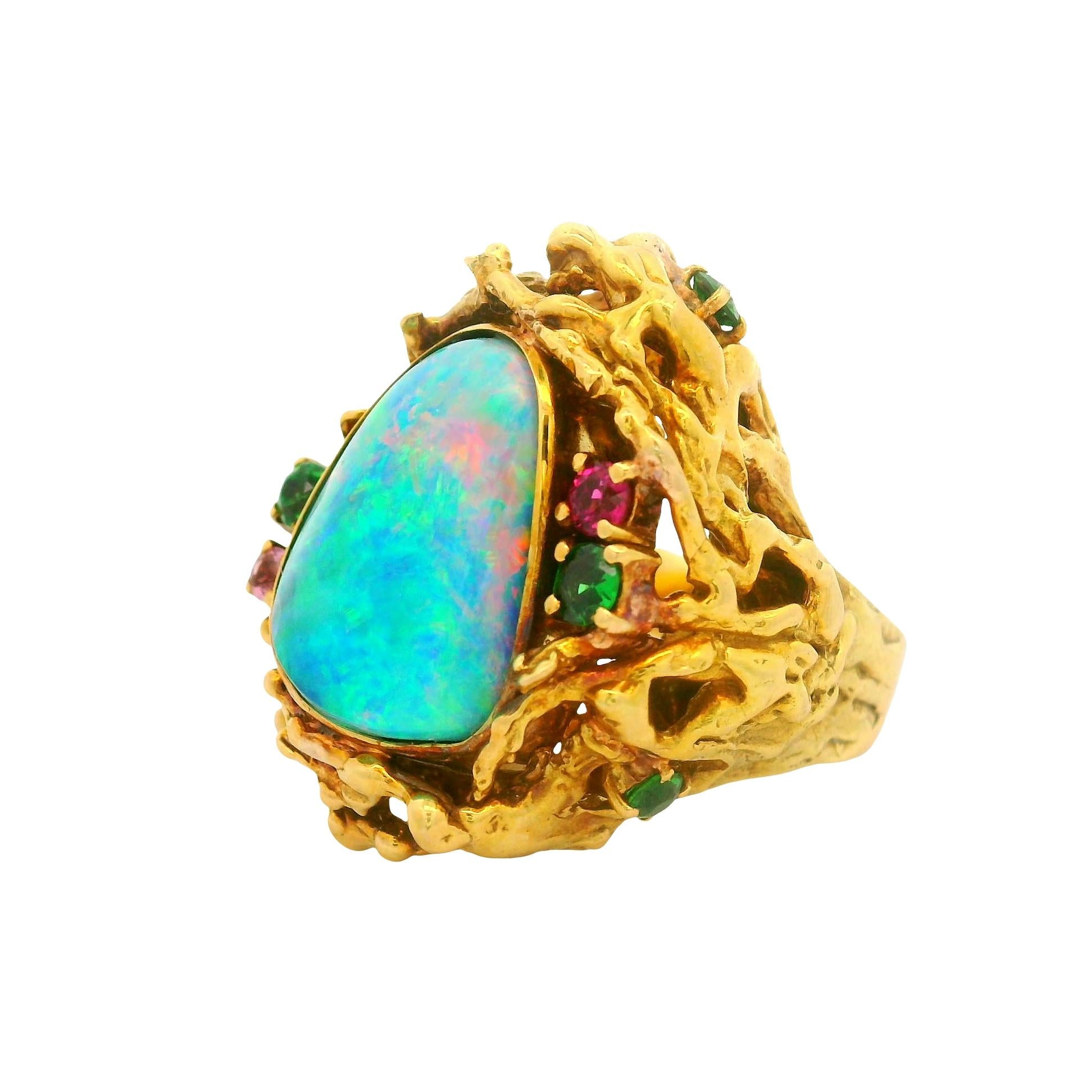 Boulder Opal Multi-Colored Gemstones 18K Gold Cocktail Ring