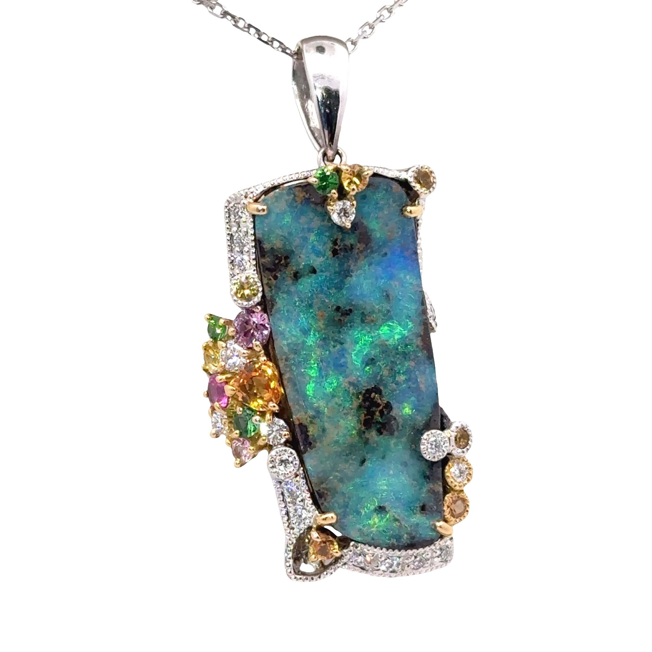 13.77 Carat Boulder Opal Multi-Colored Stones Diamond 18K Gold Pendant-Necklace