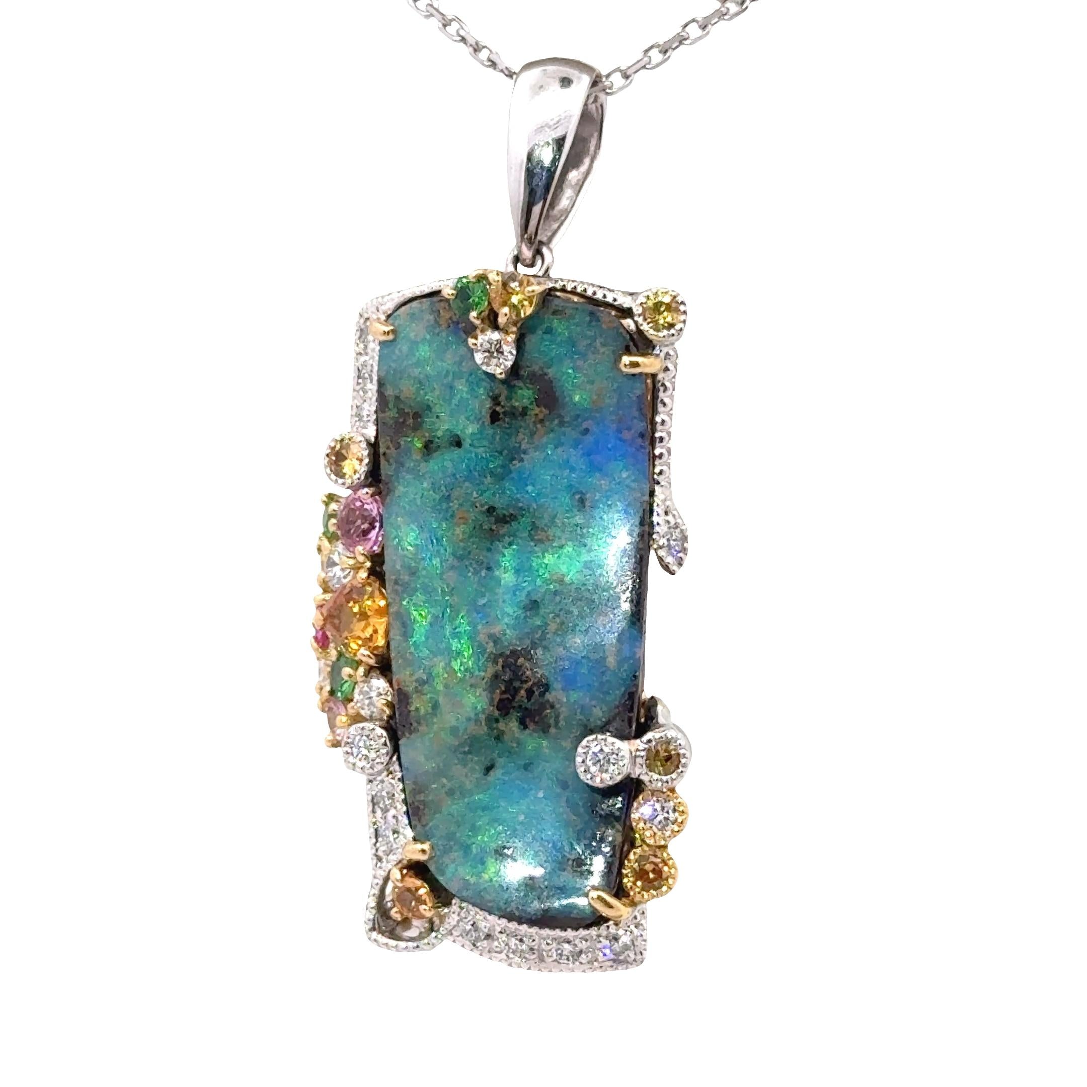 13.77 Carat Boulder Opal Multi-Colored Stones Diamond 18K Gold Pendant-Necklace