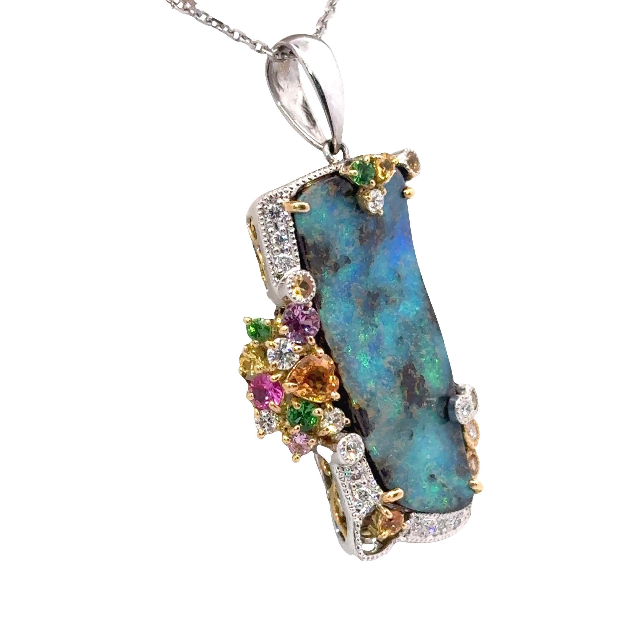 13.77 Carat Boulder Opal Multi-Colored Stones Diamond 18K Gold Pendant-Necklace
