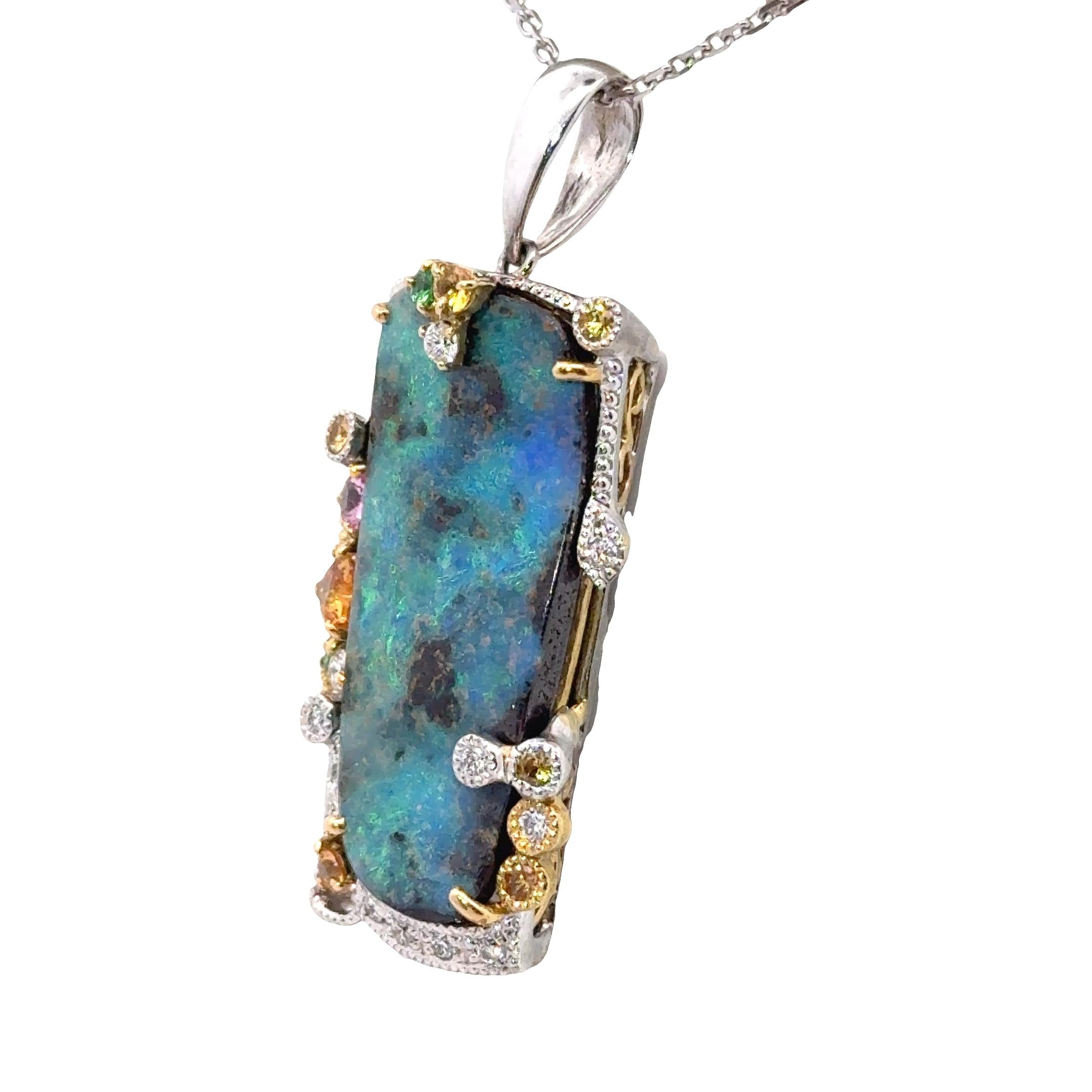 13.77 Carat Boulder Opal Multi-Colored Stones Diamond 18K Gold Pendant-Necklace