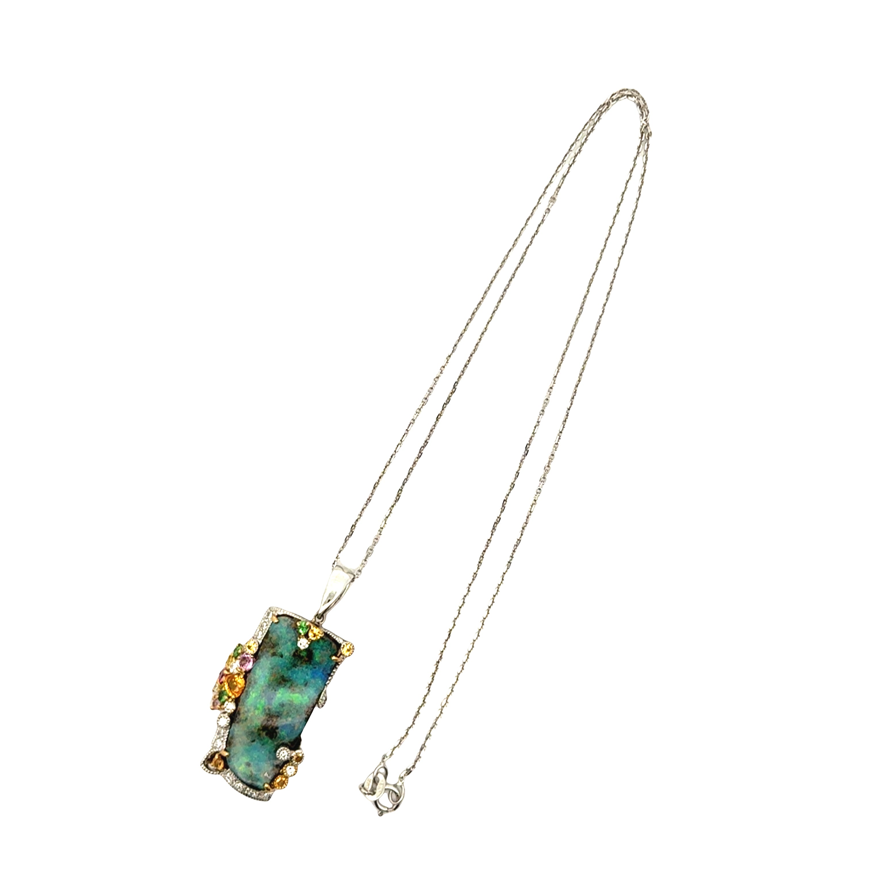 13.77 Carat Boulder Opal Multi-Colored Stones Diamond 18K Gold Pendant-Necklace