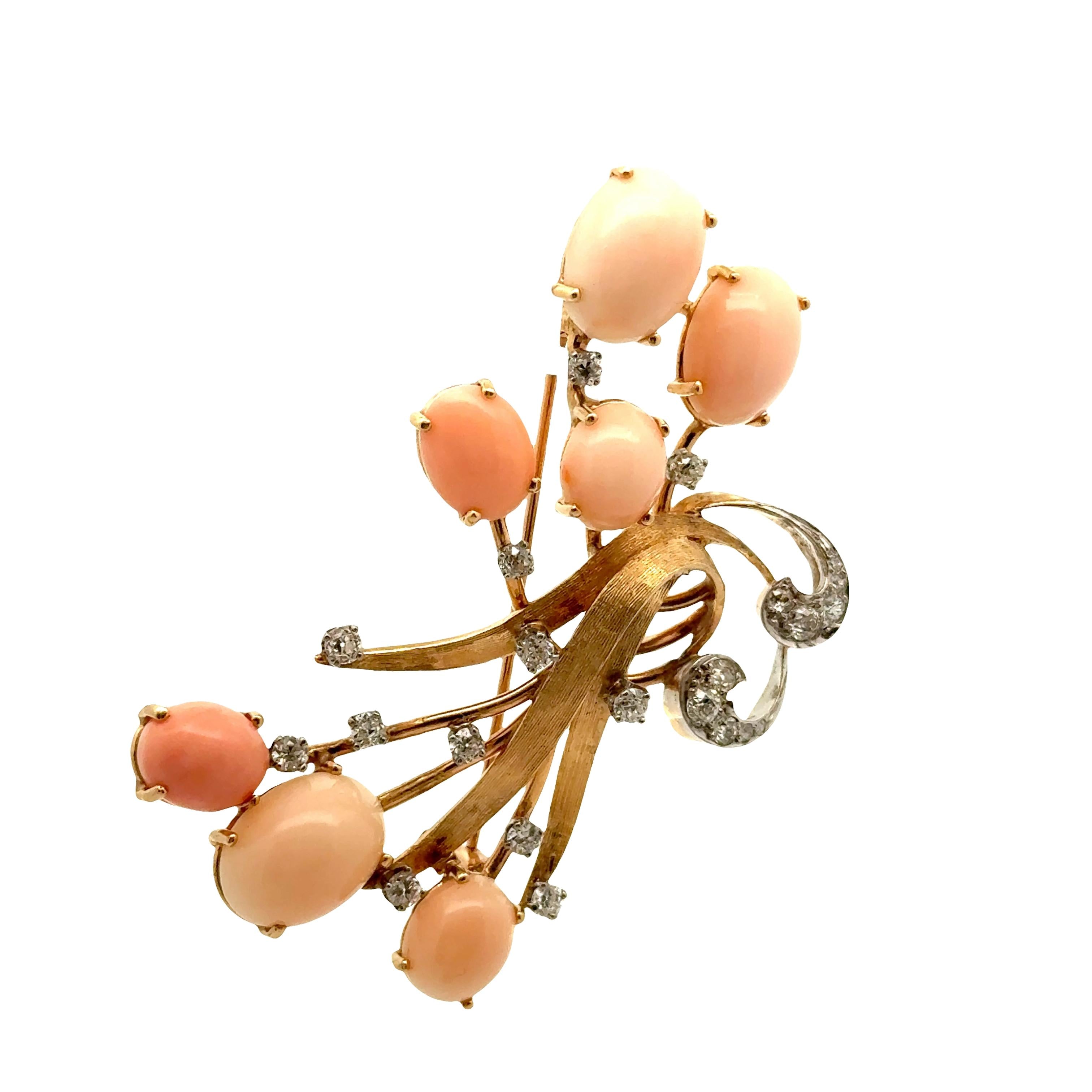 Retro Angel-Skin Corals Diamond 14K Yellow Gold Spray Brooch