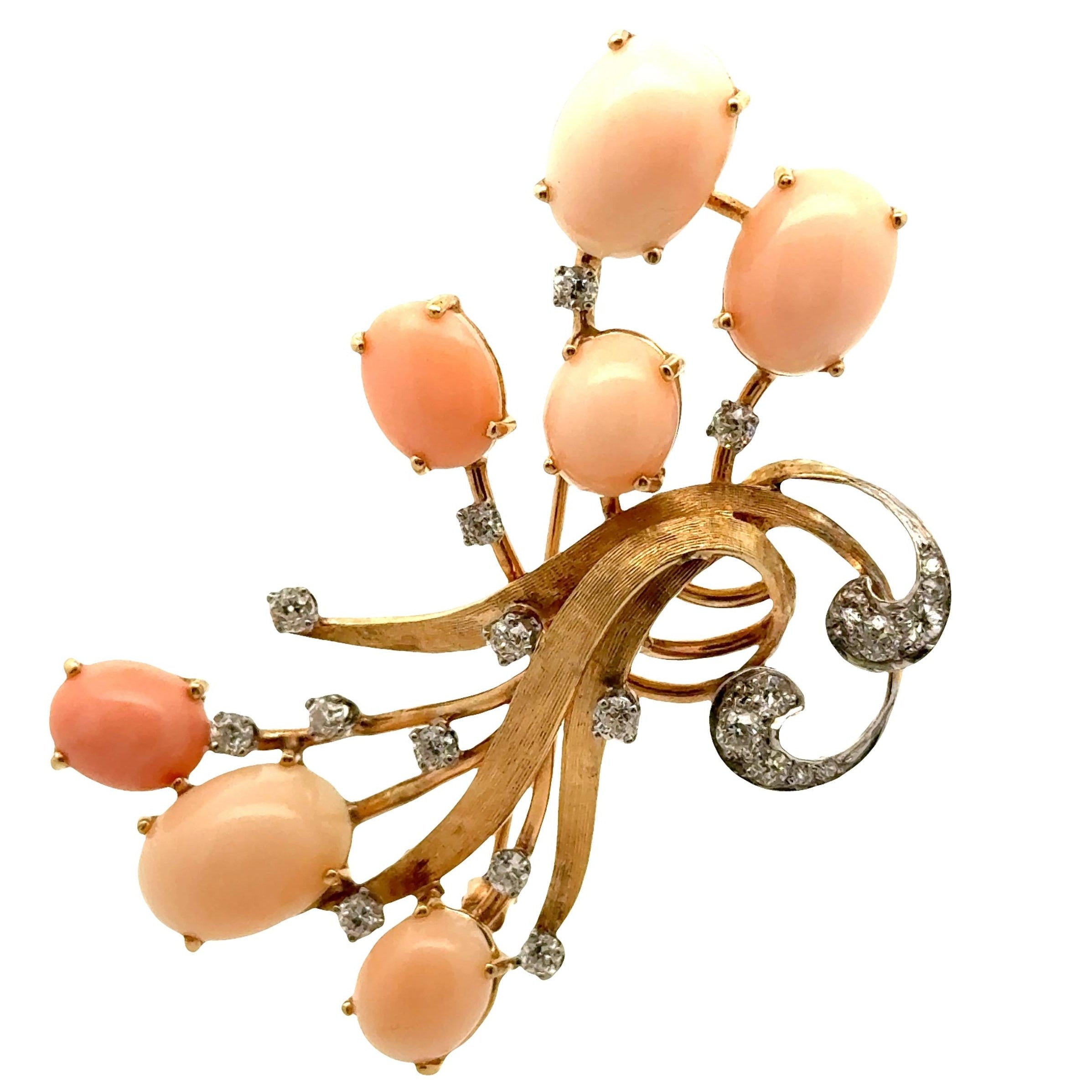 Retro Angel-Skin Corals Diamond 14K Yellow Gold Spray Brooch