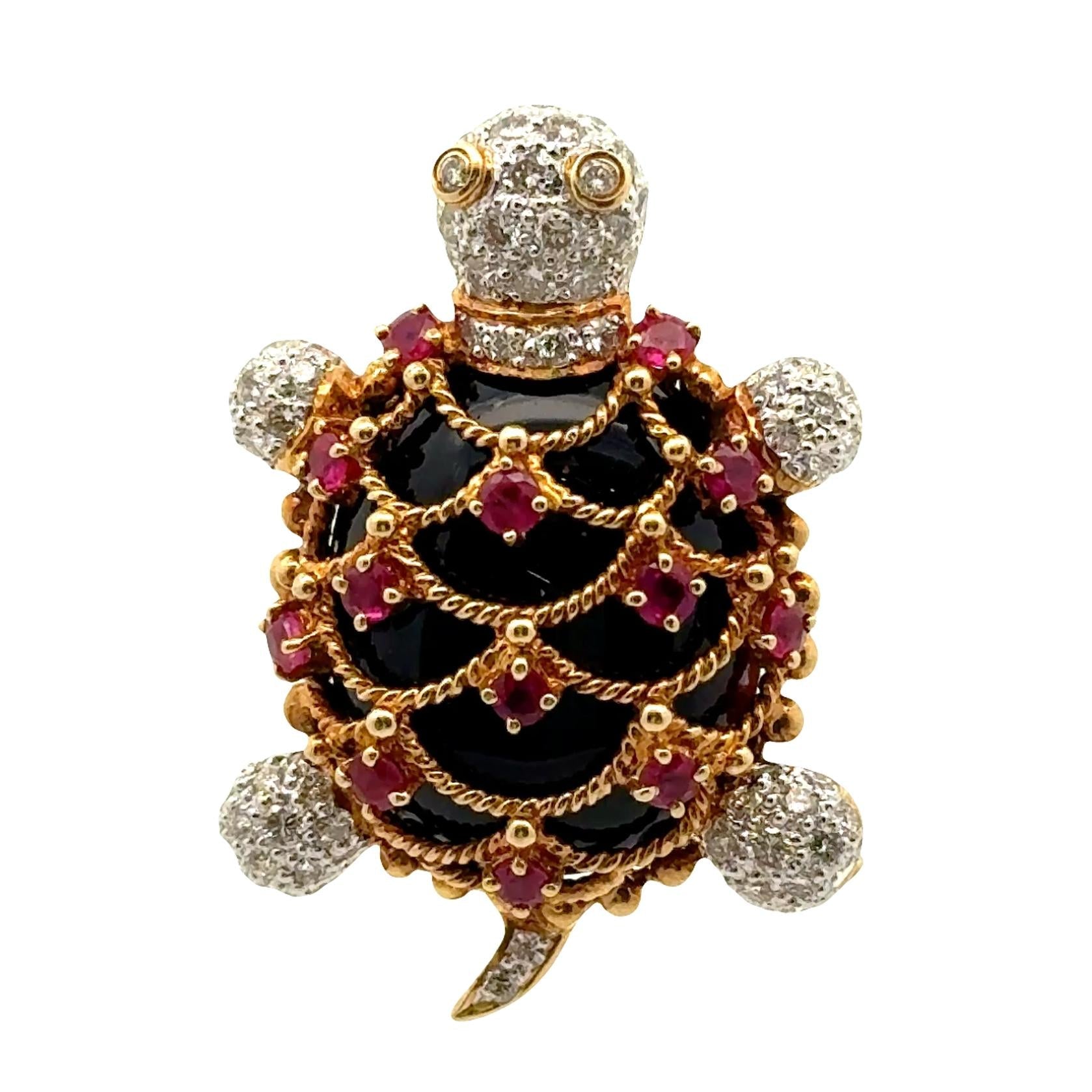 Diamond Ruby Black Onyx 18K Gold Turtle Brooch-Pendant